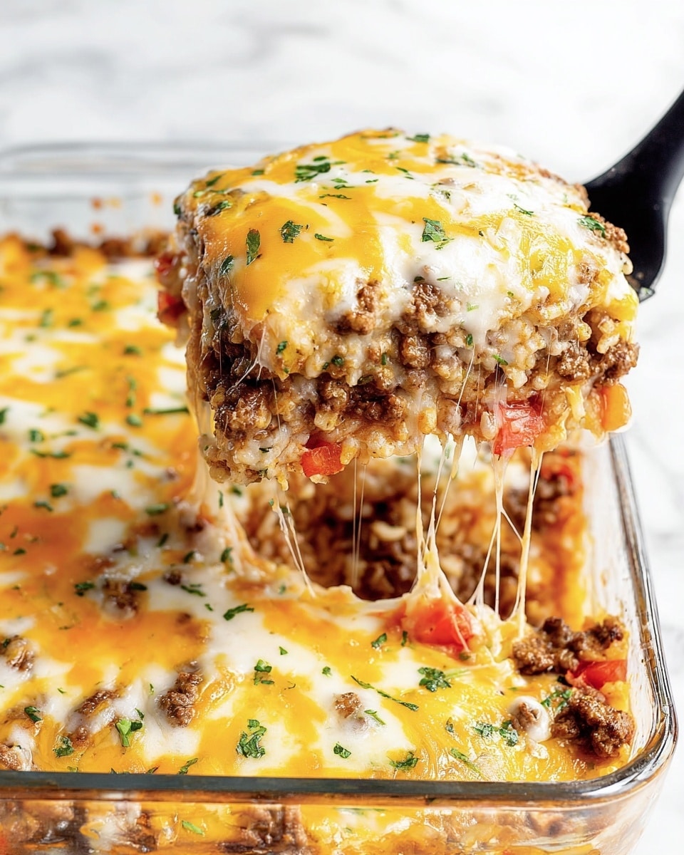 A close-up image of a layered casserole being lifted with a black spatula, showing melted yellow and white cheese stretching in strings. The top layer is golden brown melted cheese with green herb bits sprinkled on top. Below the cheese, there is a thick layer of cooked ground meat mixed with sauce and diced tomatoes visible in the middle. The bottom layer looks like cooked rice or grains. The casserole is held inside a clear rectangular glass baking dish on a white marbled surface. Photo taken with an iphone --ar 4:5 --v 7