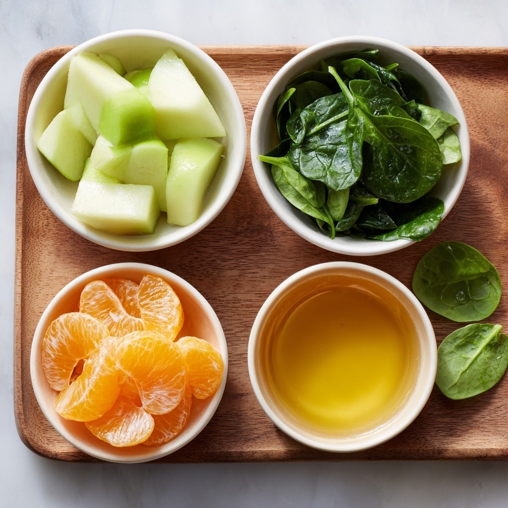 A wooden board holds four white bowls arranged in two rows on a white marbled surface. The top left bowl is filled with large, light green apple pieces with a smooth, shiny texture. On the top right is a bowl full of dark green spinach leaves, fresh and slightly wrinkled. Below, on the left, a bowl contains bright orange, peeled orange segments with a smooth and juicy look. The bottom right bowl holds a yellow liquid kombucha, smooth and slightly frothy. A few spinach leaves are scattered on the board near the bowls. Photo taken with an iphone --ar 4:5 --v 7