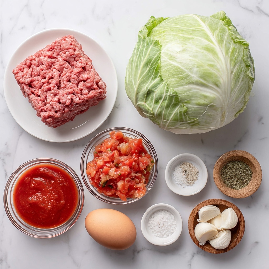 The image shows several ingredients on a white marbled surface. In the center is a whole fresh green cabbage with smooth, leafy texture. To the left of the cabbage is a white plate holding a square block of raw ground beef with a pinkish-red color and a slightly coarse texture. Below the beef is a small white bowl with salt and pepper, showing white and black grains. Below and left of the cabbage are two clear glass bowls, one filled with bright red tomato sauce that looks smooth, and the other with diced tomatoes in a chunky mix of red and orange tones. To the right of the cabbage is a small brown wooden bowl holding three garlic cloves with a pale, off-white color. Next to this is a small white bowl with dried Italian seasoning, which is a mixture of greenish-brown herbs. Below these is a single brown egg with a smooth shell and a clear glass bowl containing pale, grainy cauliflower rice. The arrangement is neat and well spaced, photographed from above. photo taken with an iphone --ar 4:5 --v 7