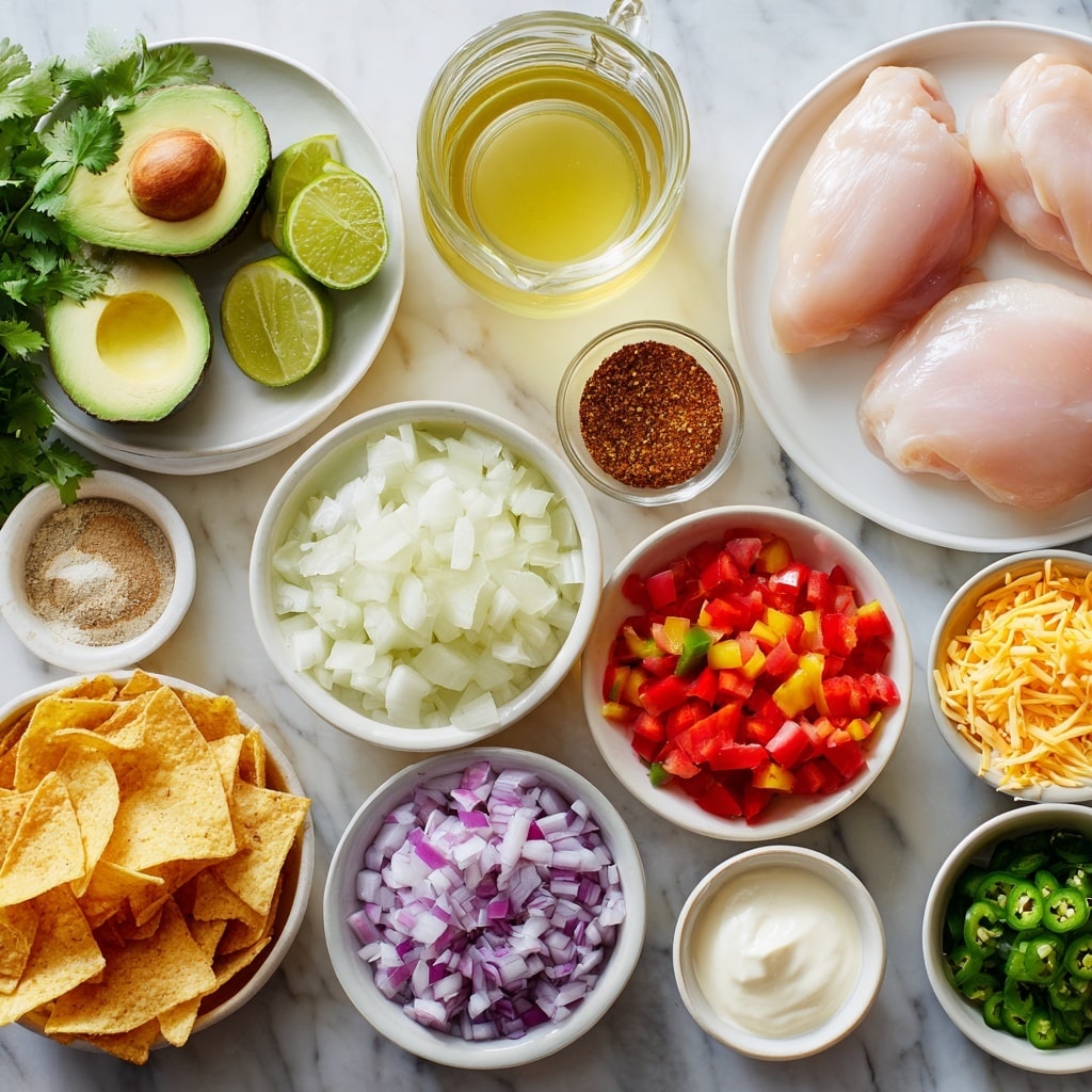 The image shows a collection of fresh ingredients in small white bowls arranged neatly on a white marbled surface. Two raw chicken pieces with a pale pink color are placed in a white plate near the top right. There is a clear glass jug filled with light yellow chicken broth at the top center. Sliced avocado with bright green flesh and lime wedges sit on a white plate to the left. Fresh green cilantro leaves are next to the avocado. Small white bowls hold diced white onions, diced colorful bell peppers, shredded pale yellow Monterey Jack cheese, melted golden olive oil, and creamy off-white sour cream. Other bowls contain vibrant red diced tomatoes, minced yellow garlic, chopped green jalapenos, crisp golden tortilla chips, and a mix of white salt, brown cumin, red chili powder, and black pepper. The ingredients are arranged in a balanced and colorful layout. Photo taken with an iphone --ar 4:5 --v 7