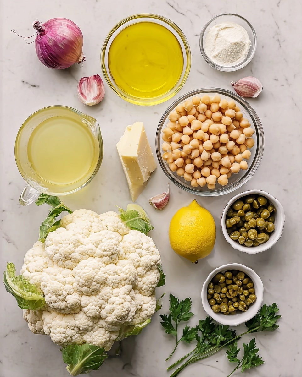 The image shows an overhead view of fresh cooking ingredients arranged on a white marbled surface. In the bottom left corner, a large head of cauliflower with off-white bumpy florets and some green leaves is placed. To its right, there is a clear glass measuring cup filled with light yellow vegetable broth. Above the cauliflower, a small glass bowl holds bright yellow olive oil. Near the center right, a larger clear bowl is filled with round, pale yellow chickpeas. To the top right, a white ramekin contains small green capers. Nearby, two cloves of light pink garlic rest on the surface. A whole bright yellow lemon is placed in the middle with a wedge of pale yellow hard cheese next to it. Above the lemon, a small glass bowl of white liquid sits. To the left, a shallot with red and purple skin and some fresh green parsley sprigs complete the layout. photo taken with an iphone --ar 4:5 --v 7