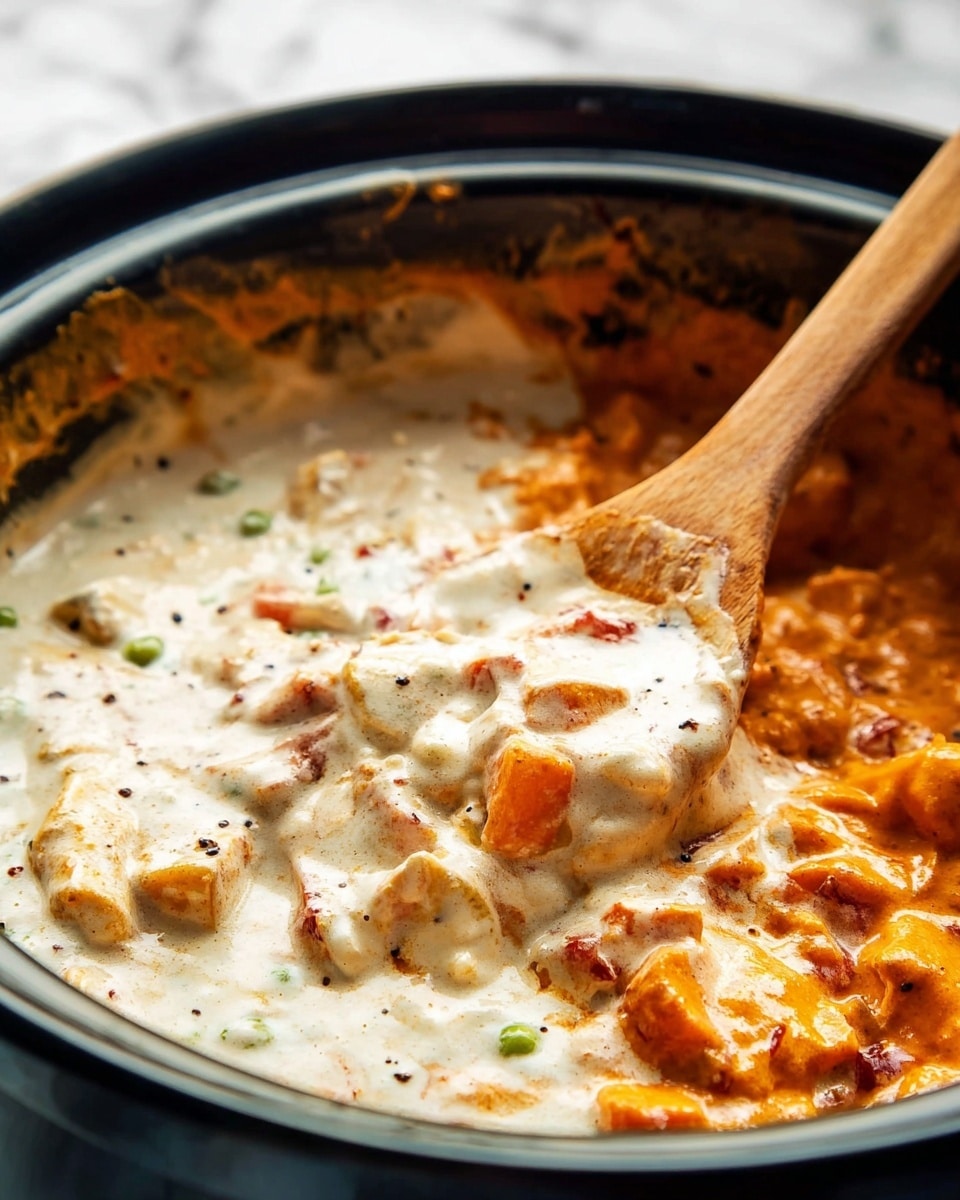 A close-up view of a creamy dish in a dark cooking pot, showing two main layers: a thick, white creamy layer with smooth texture and specks of black, mixed unevenly with a thick orange and red sauce layer containing chunks of orange vegetables and some green peas. A wooden spoon dips into the pot, scooping up a mix of the creamy white sauce and the orange vegetable sauce, blending the colors where they meet. The background is a white marbled texture. photo taken with an iphone --ar 4:5 --v 7