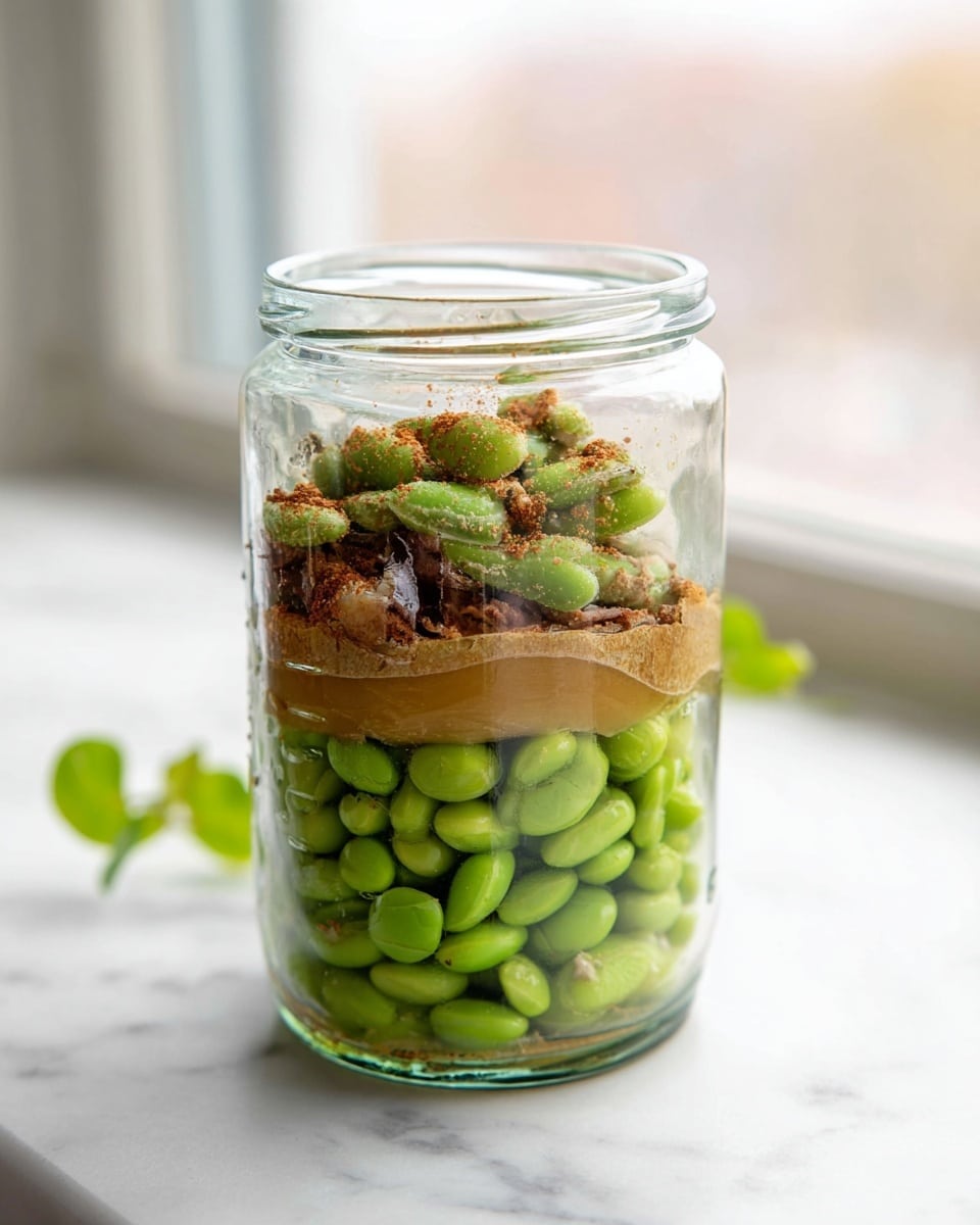 A clear glass jar filled with three main layers is shown standing on a white marbled surface. The bottom layer is made of bright green edamame beans packed closely together. The middle layer contains a small amount of thin, light brown sauce with a slightly oily texture. The top layer has a mix of cooked green vegetable pieces and some brown powder sprinkled evenly over them. The jar is placed near a window with soft light, and a small part of a green leaf is visible in the background. photo taken with an iphone --ar 4:5 --v 7