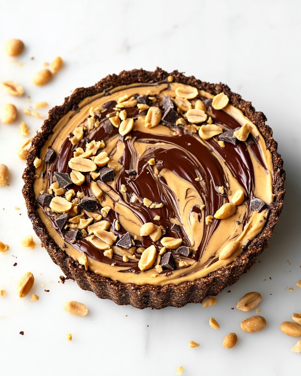 The image shows a round tart with three main visible layers. The bottom layer is a dark brown crumbly crust with rough edges. The middle layer is thick and creamy with a light peanut butter color, spread unevenly but fully covering the crust. On top, there is a glossy dark chocolate layer swirled together with the peanut butter layer in a marbled pattern. The tart is decorated with whole light brown peanuts and small dark chocolate pieces scattered on top. The tart is placed on a white marbled surface with a few peanuts around it. Photo taken with an iphone --ar 4:5 --v 7