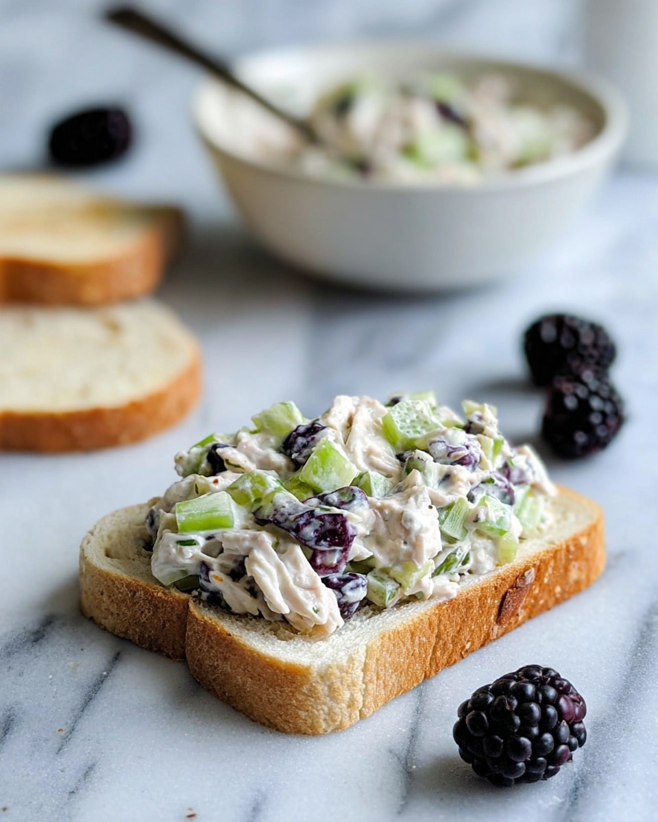 A close-up of a two-layer sandwich stacked on a white marbled surface, with the top and bottom layers made of golden toasted bread that is slightly crisp on the edges. The filling is creamy white and chunky, mixed with bright green celery pieces and dark purple-black blackberries, giving a fresh and colorful contrast. The sandwich looks thick and juicy, the fruits and celery pieces visibly sticking out from between the bread slices. The background is out of focus with a soft blue and white marbled surface beneath, creating a fresh and clean look. photo taken with an iphone --ar 4:5 --v 7