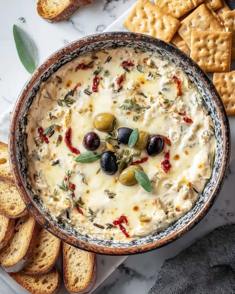 Cheesy Baked Olive and Artichoke Dip Recipe