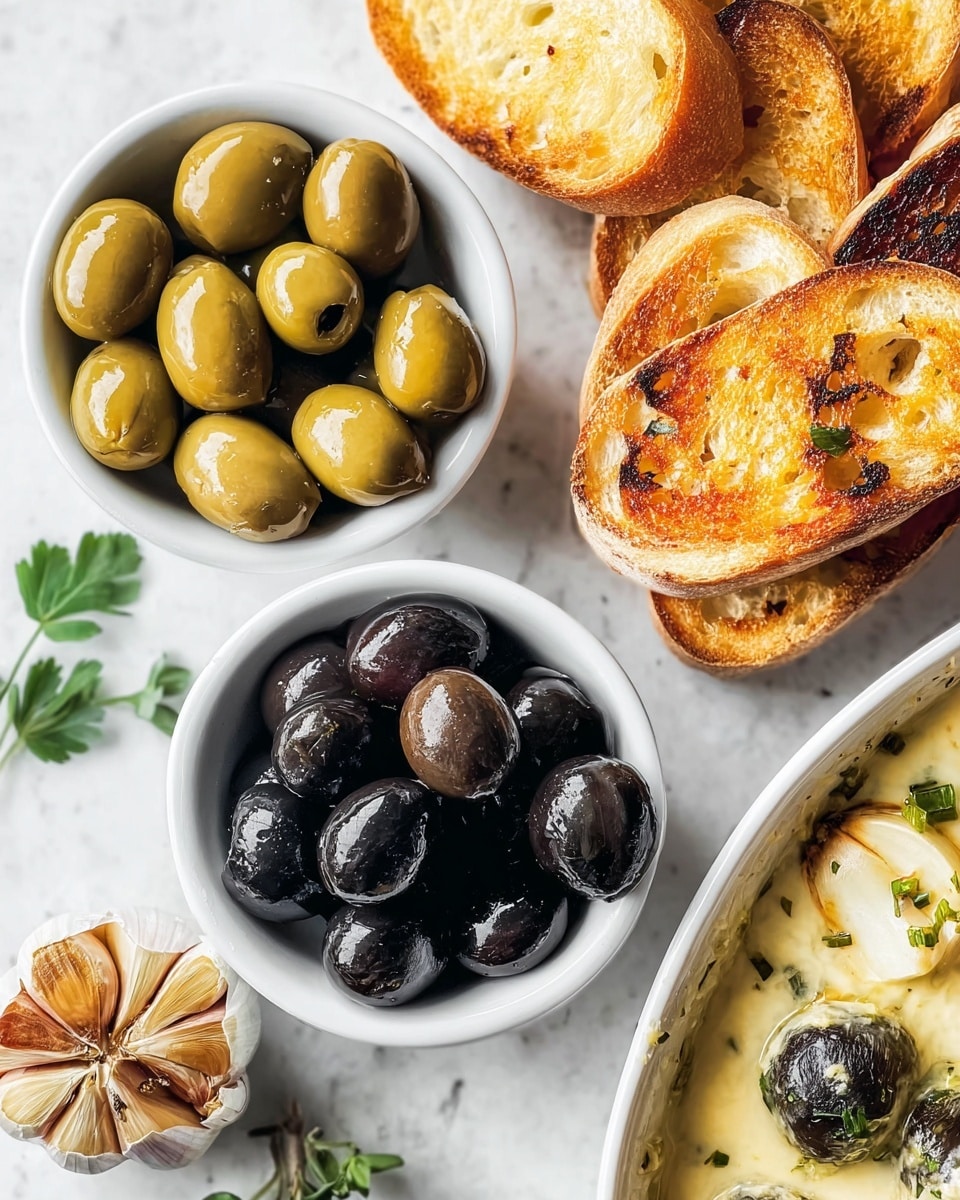 The image shows a close-up of a food arrangement on a white marbled surface featuring two small white bowls; one filled with shiny, plump green olives, and the other with glossy black olives. Next to the bowls there are several pieces of toasted bread with a golden brown, crispy texture. A bulb of roasted garlic, with a creamy golden interior, is also present near the bowls. The edge of a dish with a creamy sauce containing green and black olives, along with some herbs, is visible in the bottom right corner. A small sprig of fresh green herbs is placed near the top left bowl. photo taken with an iphone --ar 4:5 --v 7