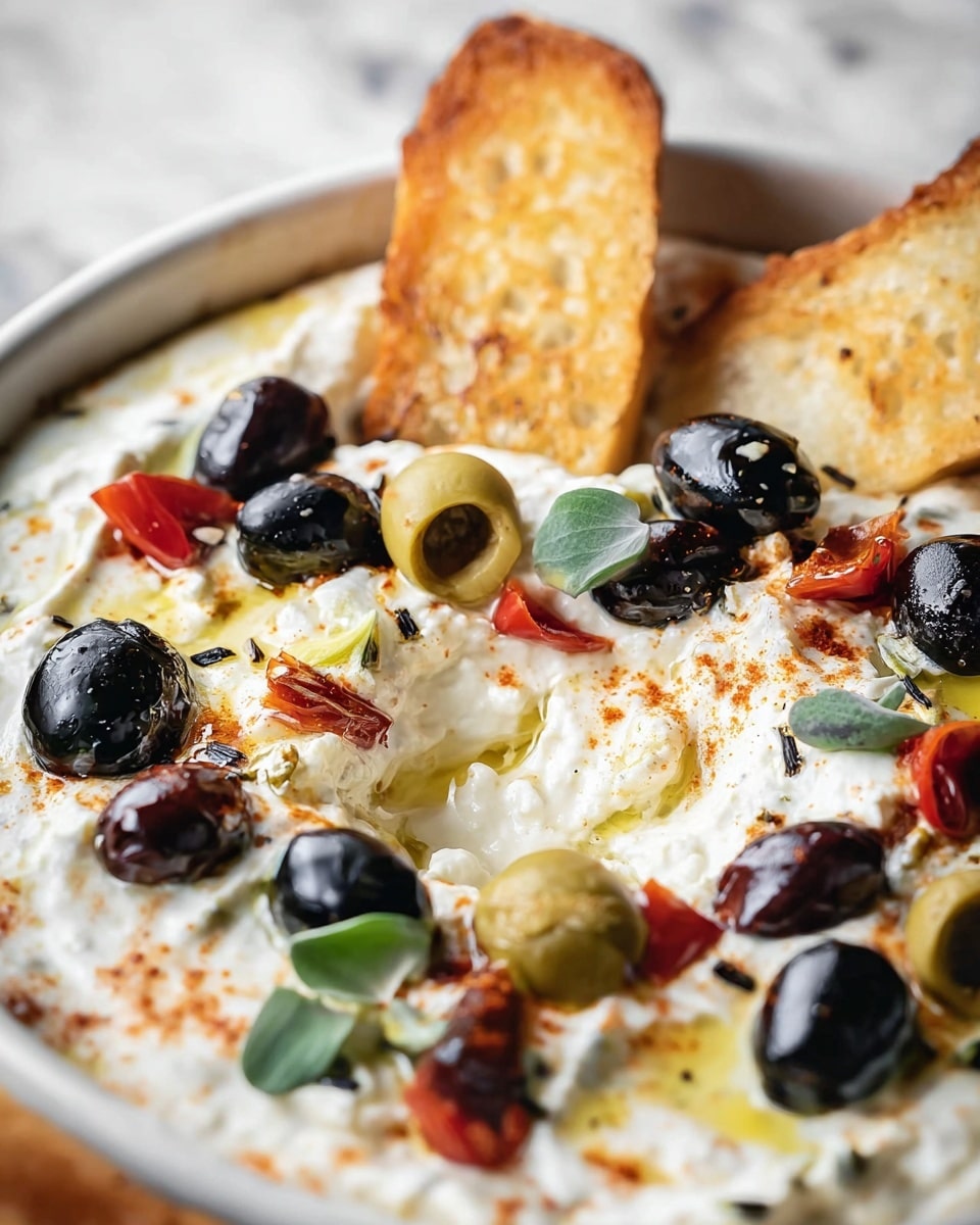 A close-up of a white round dish filled with a creamy white dip that has a smooth and slightly thick texture. On top, there are layers of black and green olives scattered around, pieces of red pepper, and small green leaves for garnish. Two toasted golden-brown slices of bread are partially dipped into the creamy mixture, resting near the center. The dip looks rich and some parts show a lightly sprinkled reddish seasoning. The background is a white marbled texture. Photo taken with an iphone --ar 4:5 --v 7