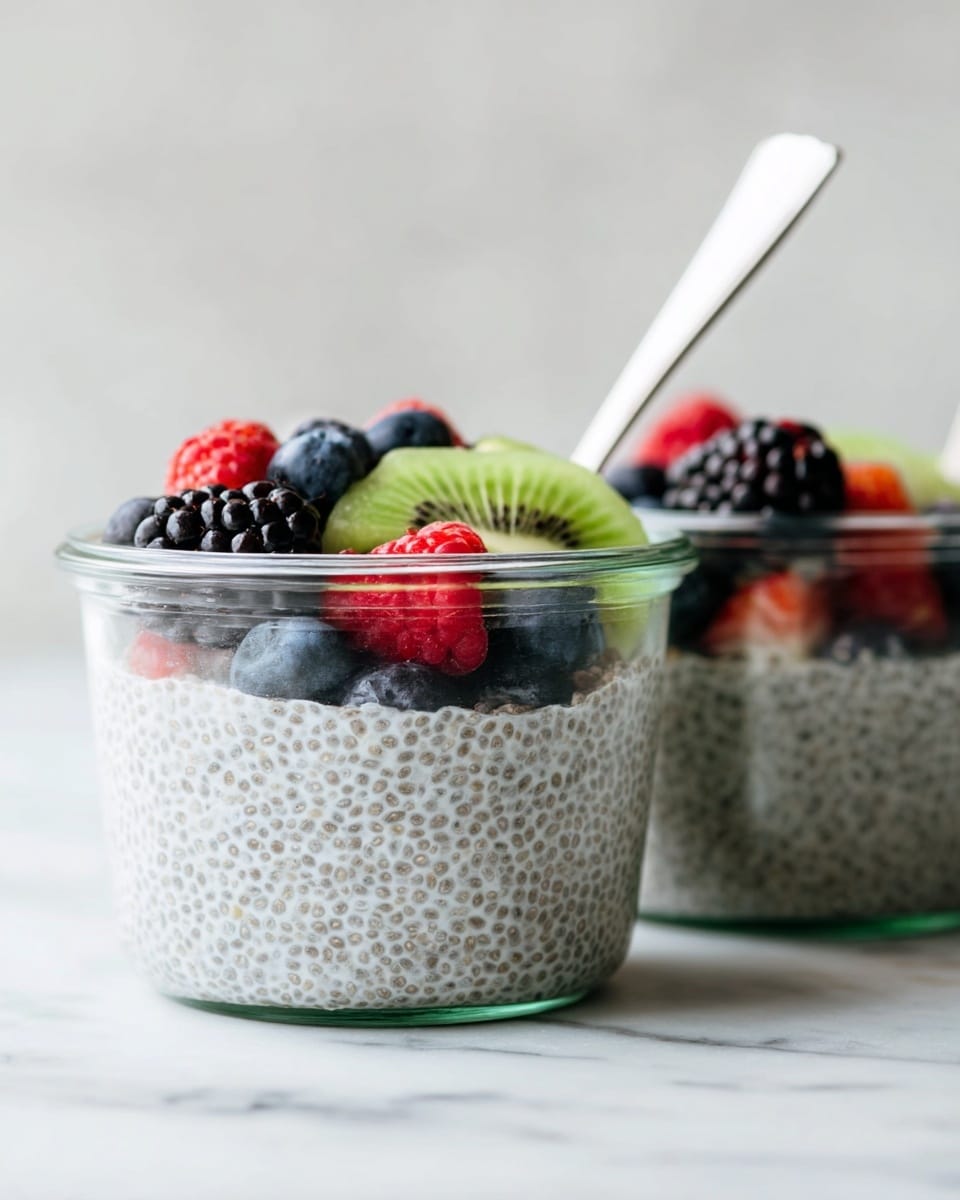 There are two clear glass jars filled almost three-quarters with light gray chia pudding that has a textured, seed-like appearance. On top of the chia pudding, there is a colorful layer of fresh fruit including blackberries, blueberries, red raspberries, slices of kiwi, and strawberries, adding red, green, and dark blue hues. Each jar holds a white spoon leaning inside. The jars are placed on a surface with a white marbled texture and the background is light and blurred to keep focus on the jars. Photo taken with an iphone --ar 4:5 --v 7
