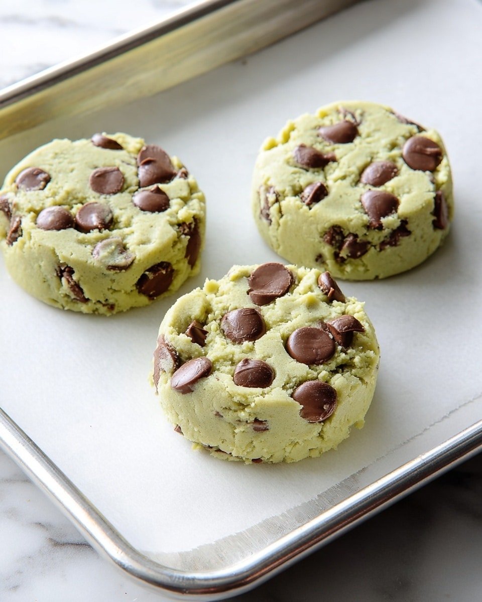 The image shows three thick, round cookies placed on a white parchment paper-lined silver baking tray. Each cookie has a pale green dough base filled with large, smooth, glossy, milk chocolate chips spread unevenly throughout. The cookies have a rough, slightly crumbly texture with small cracks and chunks torn from the edges. The baking tray sits on a white marbled surface, and the light highlights the soft, dense texture of the dough and the shiny chocolate chips. photo taken with an iphone --ar 4:5 --v 7