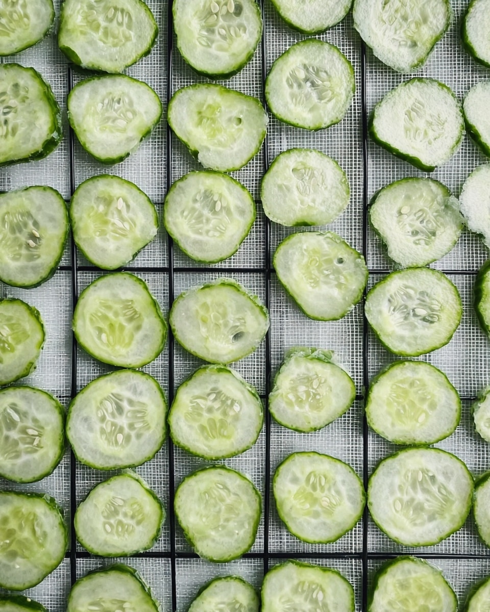This image shows many thin cucumber slices laid out in a single even layer on a black drying rack. Each slice is almost round but with slight irregular edges, revealing pale green centers with visible small seeds, surrounded by darker green skin edges. The drying rack underneath these slices has a mesh pattern, and the entire setup is on a white marbled surface, which contrasts softly with the green cucumbers. The cucumber slices have a slightly shiny, moist texture. photo taken with an iphone --ar 4:5 --v 7