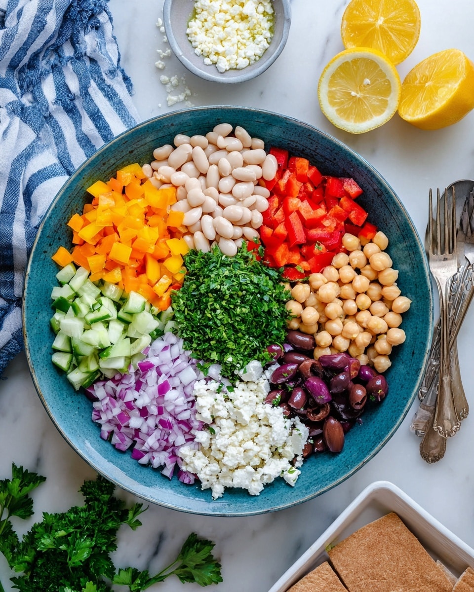 A large blue bowl sits on a white marbled surface, filled with nine neat sections of fresh salad ingredients arranged in a circle. Starting from the top moving clockwise, there are white beans with a smooth texture, small diced bright orange bell peppers, small diced yellow bell peppers, finely chopped red bell peppers, sliced dark purple olives, round beige chickpeas, small green cucumber cubes, diced purple onions, and crumbly white cheese. In the center is a mound of finely chopped bright green parsley. Around the bowl, there are pieces of brown pita bread in a white tray, lemon halves, a bowl of white cheese crumbs, a spoon and fork on a blue and white striped cloth, and some parsley sprigs. Photo taken with an iphone --ar 4:5 --v 7