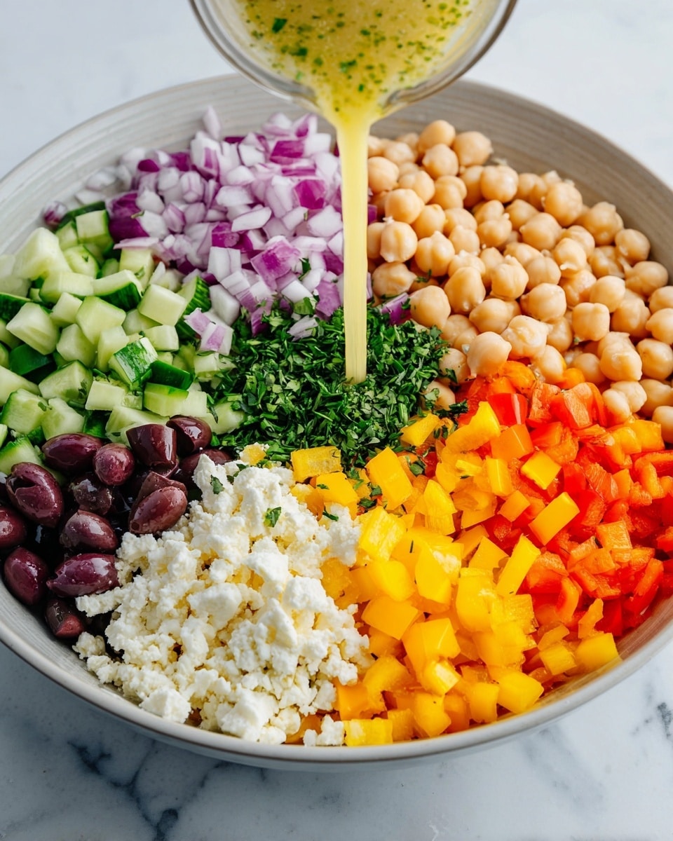 A large white bowl is filled with eight colorful layers arranged in sections. Starting at the top left, there are light beige chickpeas, next to bright green diced cucumber, then chopped red onion with a purple hue. Below the onion is a section of white crumbly cheese, and next to it light beige white beans. At the bottom right are bright orange diced bell peppers, next to vivid yellow diced bell peppers, and dark purple sliced olives at the bottom left. In the center, there is a small pile of finely chopped fresh green herbs. A pale yellow dressing with herbs is being poured over the center from a clear measuring cup. The bowl sits on a white marbled surface. photo taken with an iphone --ar 4:5 --v 7