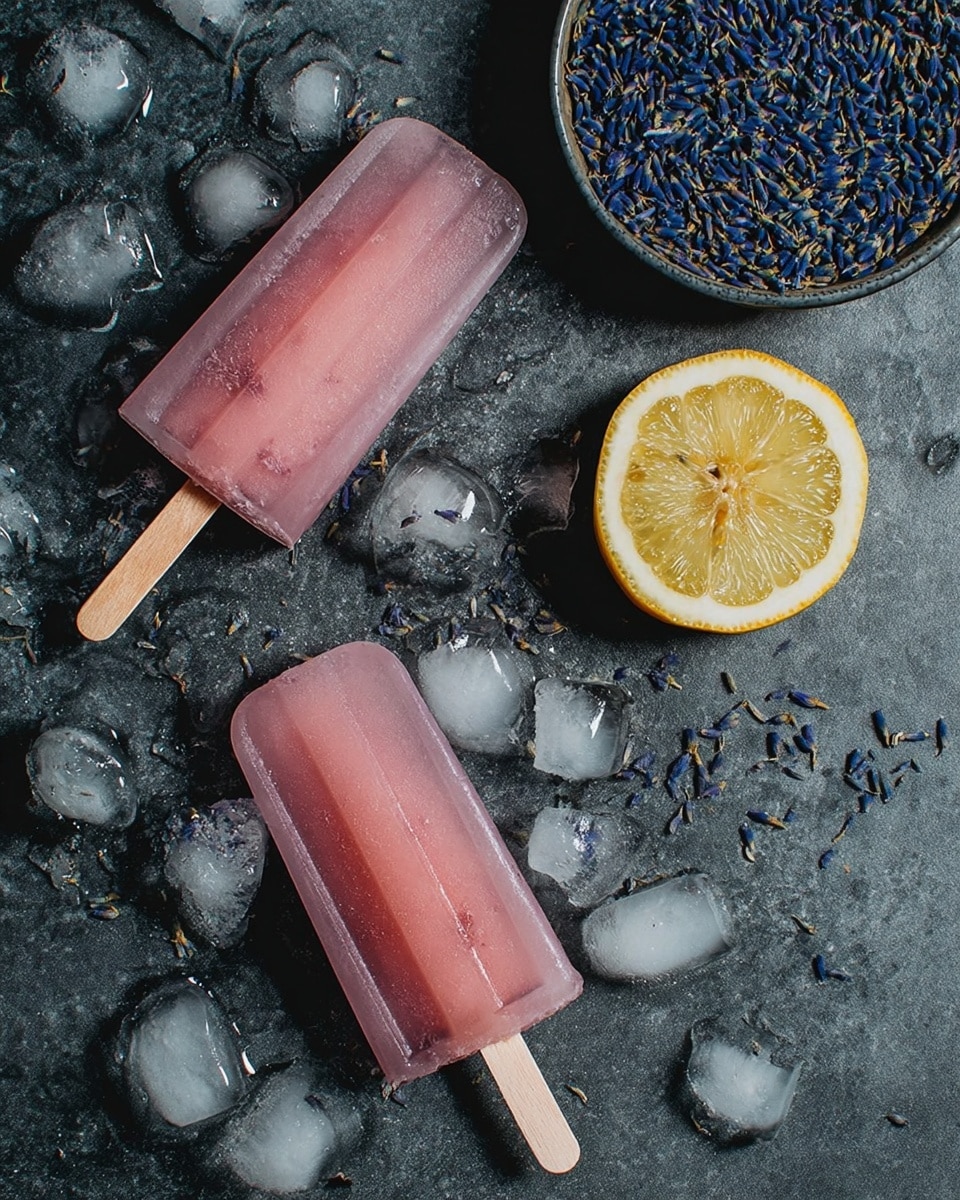 Two pink icy pops with wooden sticks lie on a dark surface scattered with small ice cubes. One icy pop is positioned diagonally near the top left corner, and the other lies horizontally near the bottom right. Between them is a half lemon wedge with bright yellow skin and pale greenish flesh. A round bowl filled with small dark blue dried flowers sits near the top right. The overall setting has a cold, refreshing feel. Photo taken with an iphone --ar 4:5 --v 7