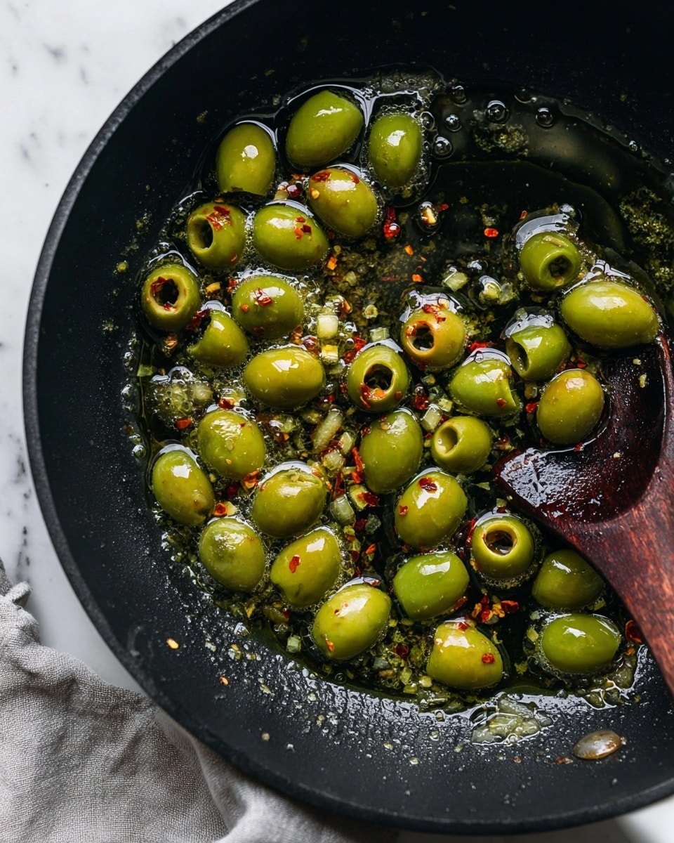 A close-up of a black frying pan with sliced green olives mixed with small bits of garlic and red chili flakes, all sizzling in clear, bubbly olive oil. The olives are shiny and smooth with some whole and some cut into rings, while the garlic pieces are pale yellow and finely minced, scattered throughout the oil. A dark wooden spoon rests at the edge of the pan. The pan sits on a white marbled surface with a soft gray cloth partly visible in the lower left corner. photo taken with an iphone --ar 4:5 --v 7