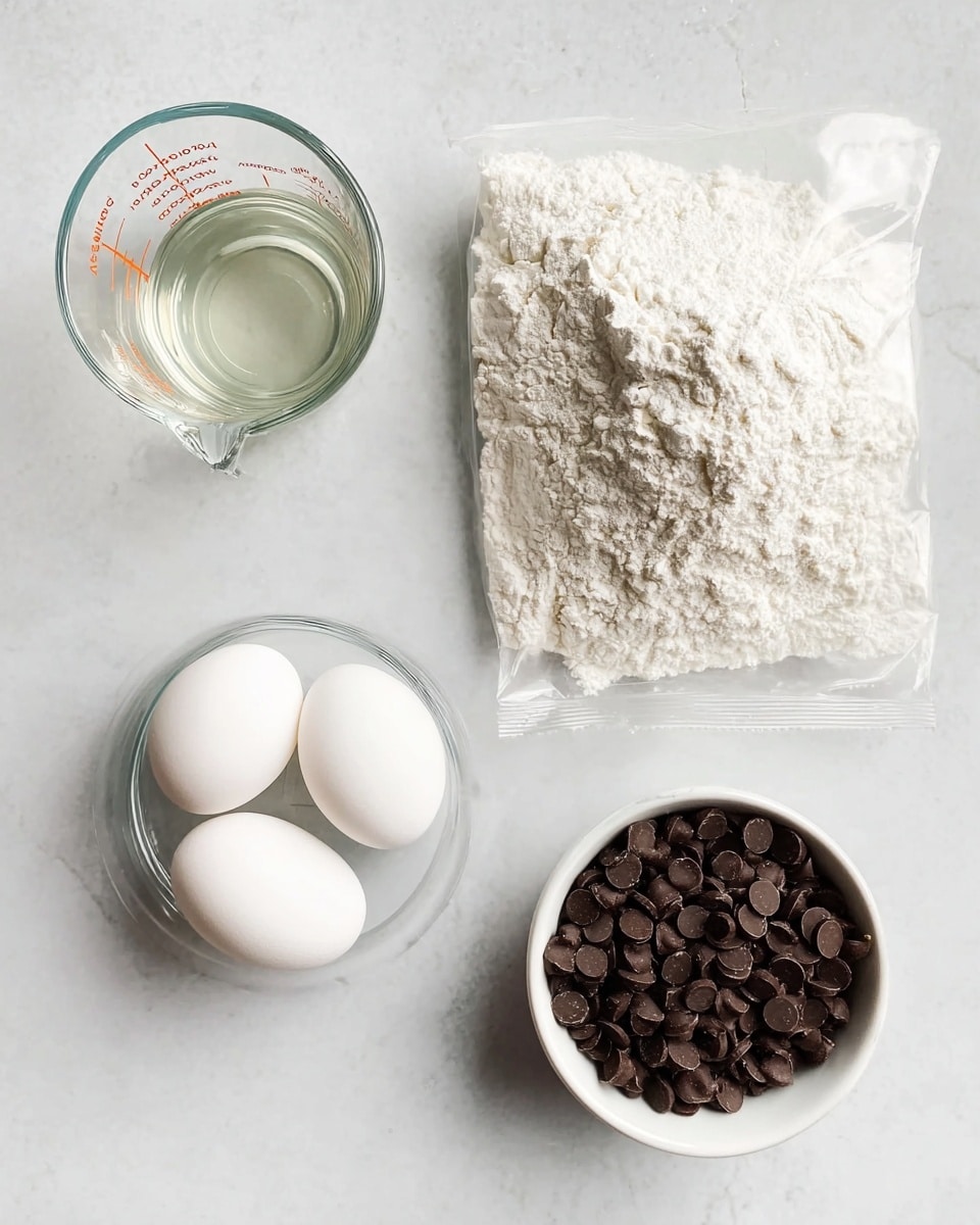 A top view of four baking ingredients placed separately on a white marbled surface: a clear glass measuring cup with a small amount of clear liquid in the top left, a sealed plastic bag filled with white flour on the right side, a small white bowl holding two whole white eggs in the bottom left, and a small clear glass bowl full of dark brown chocolate chips directly below the flour bag. The scene is minimal and clean with soft, natural lighting. Photo taken with an iphone --ar 4:5 --v 7
