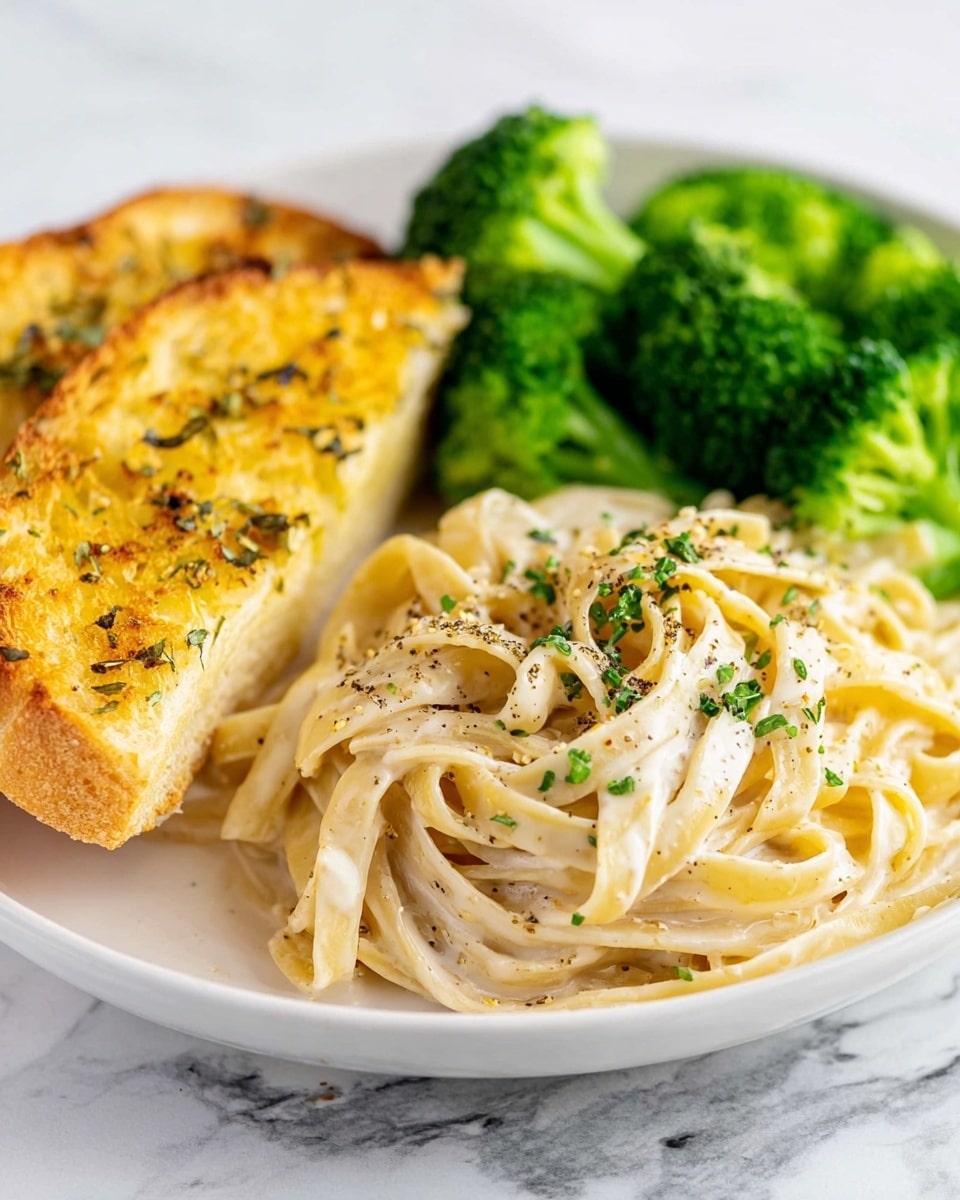 A close-up of a white plate with three main parts: on the left side, a piece of golden toasted garlic bread with small green herb bits on top; in the middle, creamy light beige fettuccine pasta with small green parsley bits and black pepper sprinkled over it; a woman's hand holding a silver fork twirling a small bundle of the fettuccine above the plate; in the background, some bright green steamed broccoli florets. The plate sits on a white marbled surface photo taken with an iphone --ar 4:5 --v 7