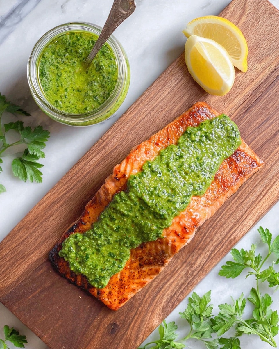 A grilled salmon fillet with a crispy orange-brown top layer lies on a wooden board, topped with a thick, textured bright green herb sauce spread in a wide stripe across the center. On the top right corner of the board are two thin, pale yellow lemon slices. To the left of the board, a small clear glass jar filled with the green sauce has a spoon placed inside it. Fresh green parsley sprigs are placed on the white marbled surface to the right and bottom edges of the image. photo taken with an iphone --ar 4:5 --v 7