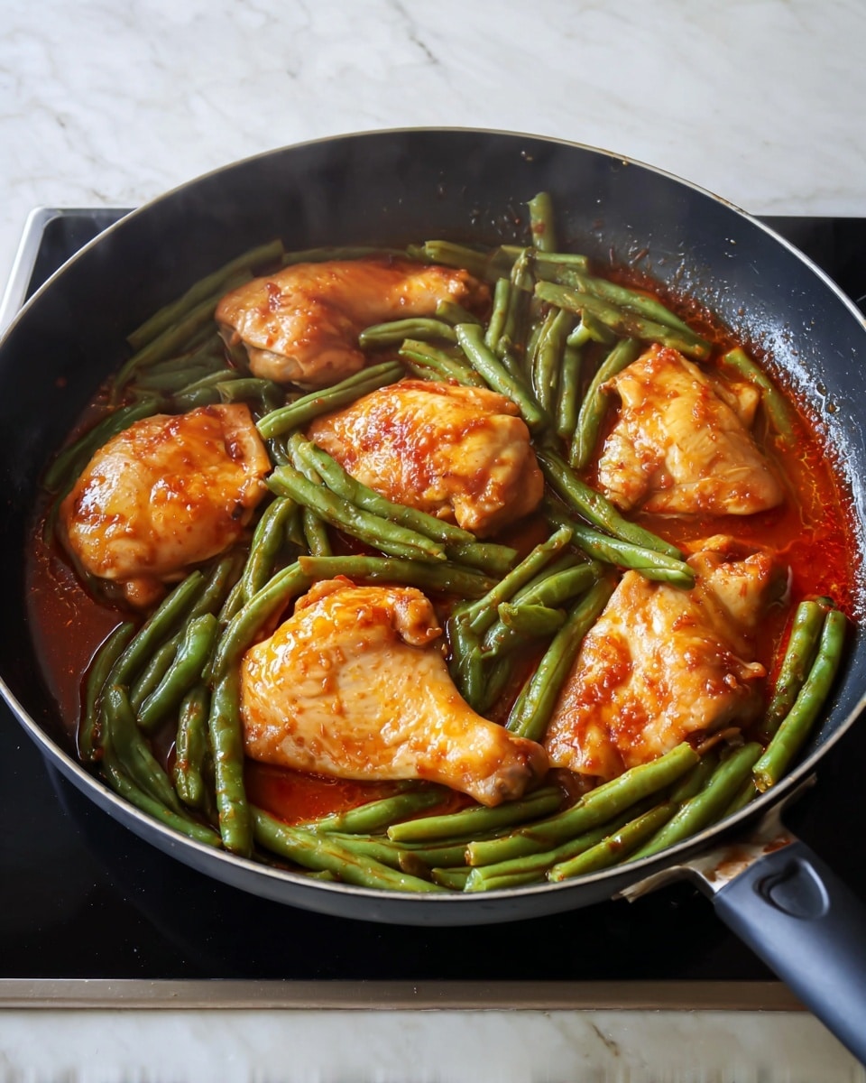 A black skillet shows a dish with five pieces of cooked chicken placed evenly across the pan, each piece having a shiny, golden-brown color with a slight orange sauce glaze. Around and between the chicken pieces, there are bright green, fresh green beans spread out over a light red sauce that gently covers the bottom of the pan. The skillet rests on a white marbled countertop with part of a black stovetop visible. Steam can be seen rising from the hot dish, giving it a fresh, just-cooked look. photo taken with an iphone --ar 4:5 --v 7