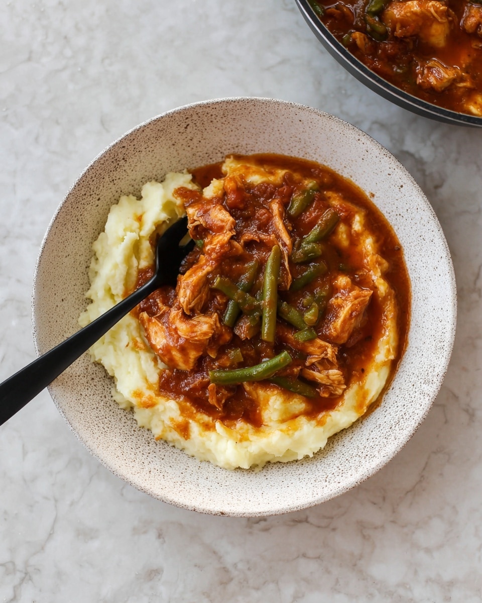 A white, textured plate shows a dish with two main layers. The bottom layer is creamy mashed potatoes, smooth and pale yellow-white in color. The top layer has a thick brown-red stew with visible chunks of chicken and green beans. A black spoon is inserted into the stew on the left side of the plate. The plate is placed on a white marbled surface, and a part of a black pan with more of the stew is visible at the top right corner. Photo taken with an iphone --ar 4:5 --v 7