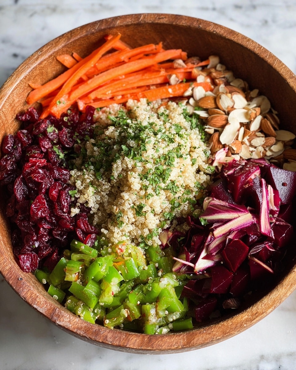 A wooden bowl holds a colorful layered salad arranged in sections. In the center, there is a pile of light beige quinoa sprinkled with green herbs. Around it, starting from the top left, there are thin orange carrot sticks, next to dark red dried cranberries, a small pile of light brown slivered almonds, and diced deep red beet pieces with green seasoning on top. At the bottom, bright green diced bell peppers with herbs and mustard seeds are placed beside some dark purple-red radicchio leaves. The bowl sits on a white marbled surface. Photo taken with an iphone --ar 4:5 --v 7