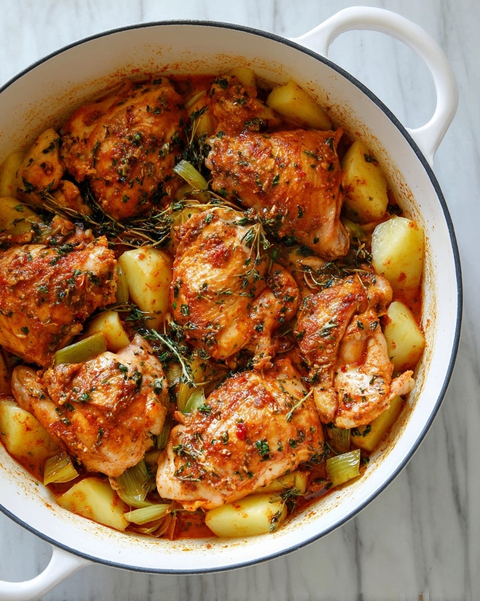 Inside a white pot, there are several pieces of chicken with a red-orange sauce and green herbs on top. Underneath the chicken, there are chunks of light yellow potatoes and some sliced light green leeks. The chicken looks moist with a shiny texture from the sauce. The pot handle is white, and the pot edge has a thin dark rim. The background is a white marble surface. photo taken with an iphone --ar 4:5 --v 7
