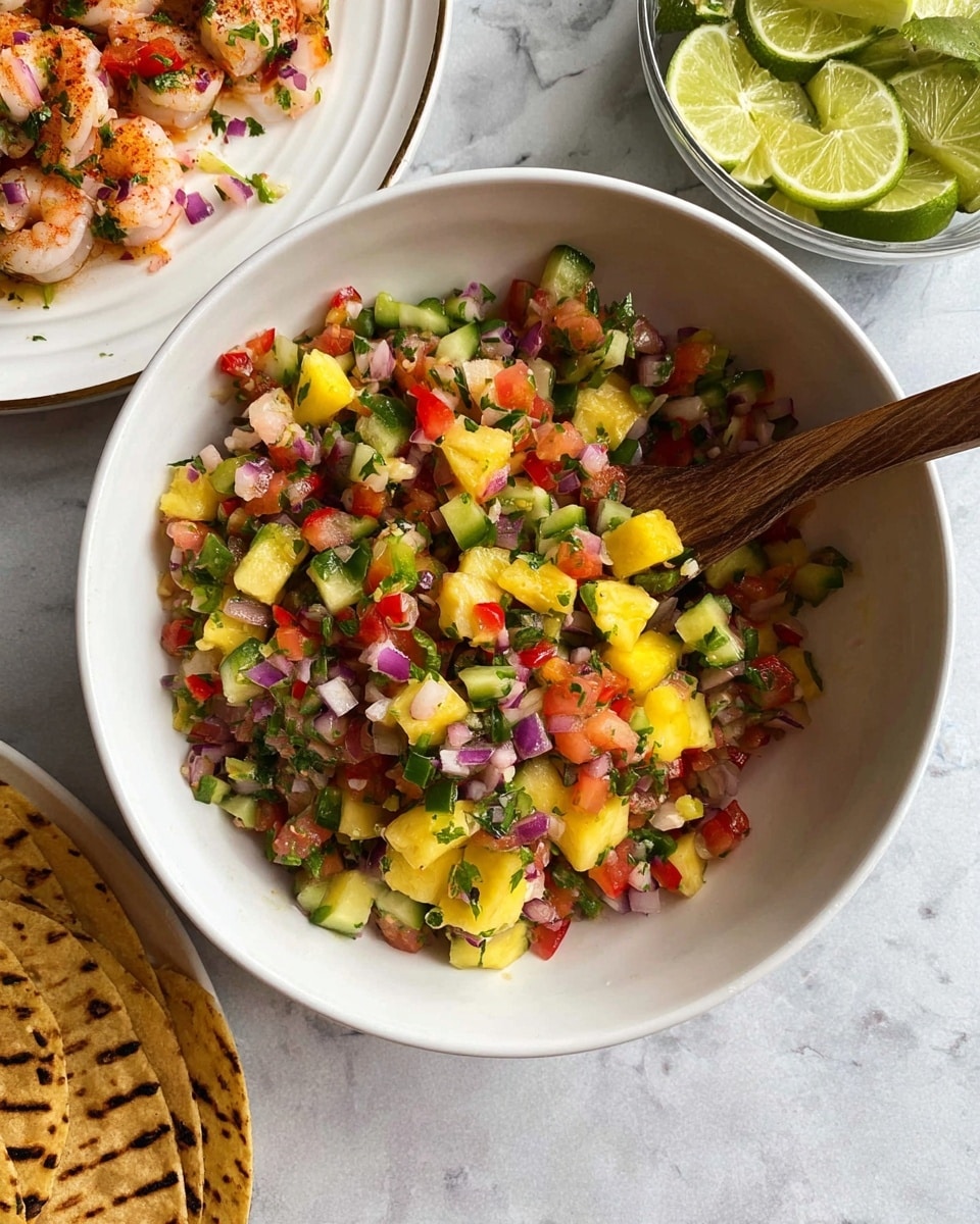 The image shows a white bowl filled with a colorful salsa made of small chopped pieces. The salsa layers include yellow pineapple chunks, green cucumber and bell pepper pieces, red tomato bits, and small purple onion cubes, all mixed with tiny green herb leaves. A wooden spoon is resting inside the bowl, partially covered by the salsa. Around the main bowl, there is a white plate partially visible with a grilled tortilla topped with a mixture of shrimp and salsa. Another plate on the edge holds lime wedges and more grilled tortillas. The background surface is a white marbled texture. Photo taken with an iphone --ar 4:5 --v 7
