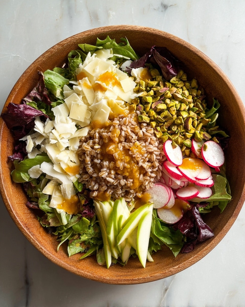 A wooden bowl holds a salad with five main layers arranged side by side on a base of mixed green and purple leafy lettuce. At the top left, there are white cheese shavings with a soft texture and pale yellow patches. To the right of the cheese are chopped green pistachios with a rough texture. Below the pistachios, sliced red and white radishes form a neat stack on the right edge. At the bottom, there are thin green apple sticks with pale green skin and white flesh. In the center, a pile of light brown cooked grains sits with orange dressing drizzled over the salad in small dollops. The bowl is placed on a white marbled surface. photo taken with an iphone --ar 4:5 --v 7