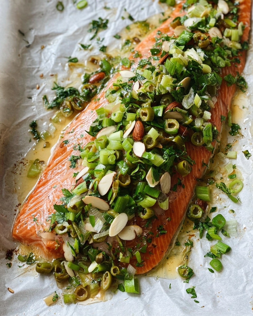 The image shows a piece of cooked salmon with a shiny, orange-pink surface placed on parchment paper, which rests on a white marbled texture. The salmon is topped with a thick layer of chopped green onions, sliced green olives, and slivered almonds mixed with fresh green herbs. The topping adds a fresh green and off-white contrast, scattered unevenly across the fish, creating a textured and colorful appearance. The fish is glossy with a slight drizzle of oil around it, giving it a moist look. Photo taken with an iphone --ar 4:5 --v 7