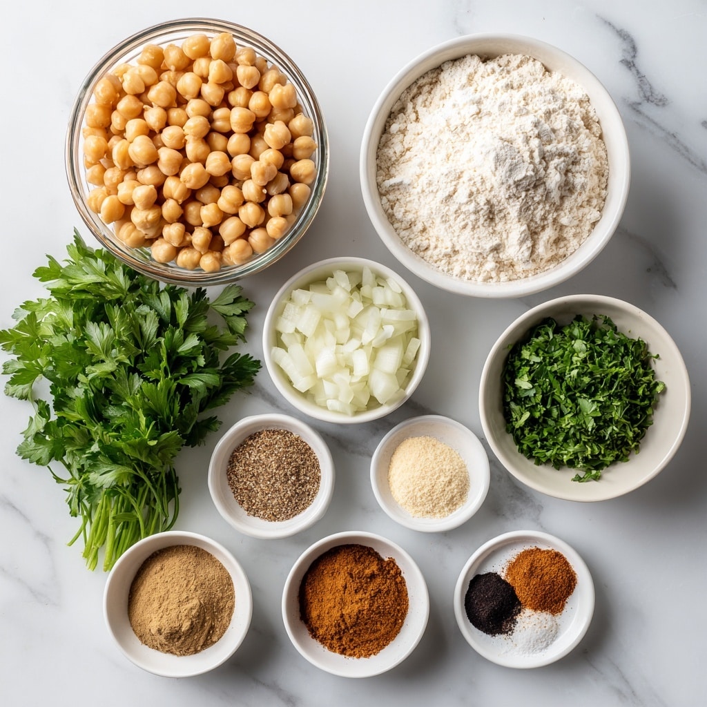 The image shows ingredients arranged neatly on a white marbled texture background. At the top left, there is a clear glass container filled with light brown chickpeas. To the right of this container, a small white bowl holds plain white flour. Below the flour, a white bowl contains chopped white onions. Next to the onions, a bunch of fresh green parsley rests on the surface. Below the chickpeas, smaller white bowls are filled with various spices and seasonings: ground coriander (light brown powder), ground cumin (darker brown powder), finely chopped garlic (off-white small pieces), cayenne pepper (red powder), baking powder (white powder), black pepper (black granules), and salt (white crystals). Each ingredient is clearly separated, showing their distinct colors and textures. Photo taken with an iphone --ar 4:5 --v 7