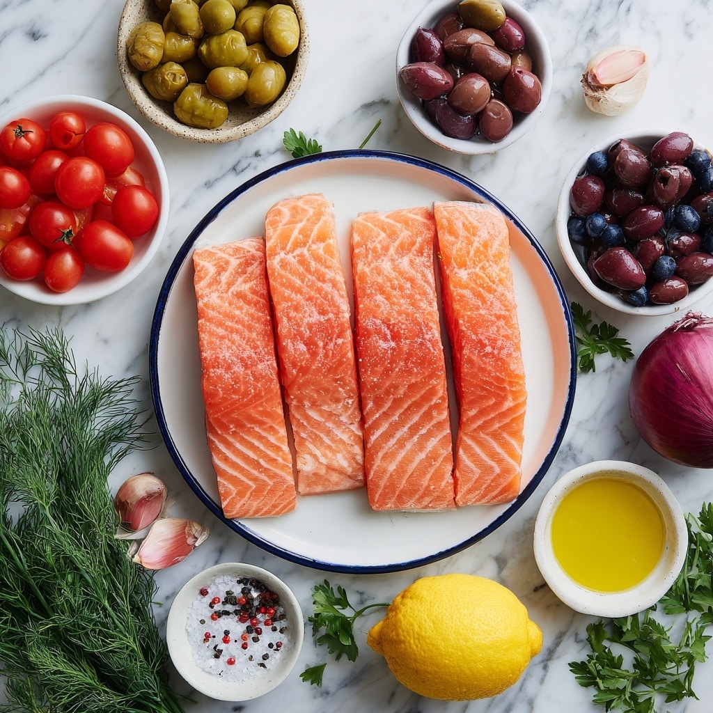The image shows four pink-orange salmon fillets placed side by side on a white plate with a dark blue rim, centered on a white marbled surface. Surrounding this main plate are small white bowls filled with bright red cherry tomatoes at the top left, light green artichoke hearts at the left, dark purple-brown pitted olives at the top right, golden yellow olive oil at the right, and green capers at the bottom right. Fresh green dill and parsley sprigs, a whole bright yellow lemon, a small bunch of garlic cloves, a whole red onion, and two small white bowls containing white salt and black peppercorns are scattered around the bowls. The overall setup is neat and colorful, showing fresh ingredients in a balanced arrangement. Photo taken with an iphone --ar 4:5 --v 7