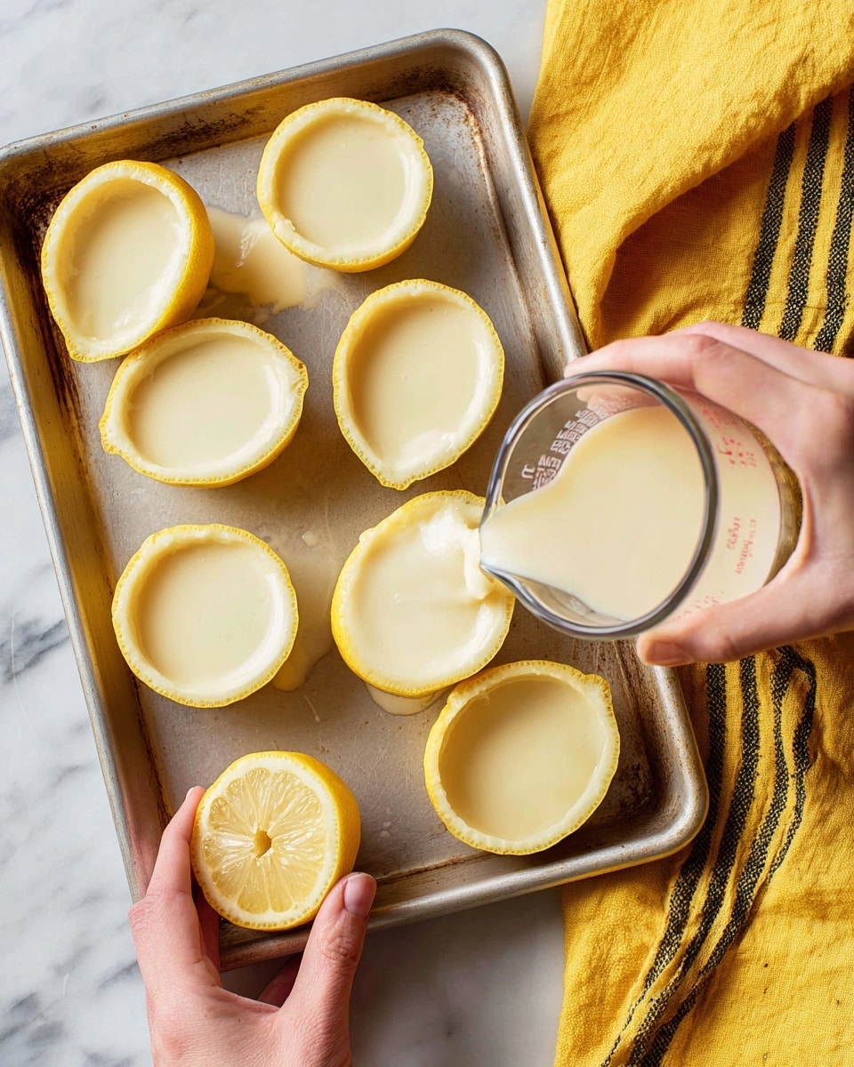 The image shows a metal baking tray on a white marbled surface with several lemon halves hollowed out and placed inside. Each lemon half is filled with a smooth, light cream-colored liquid, almost filling the shape of the lemon skin. In the lower part of the image, a woman's hand gently holds one lemon half while another woman's hand pours the creamy liquid carefully from a glass measuring cup into the lemon shell. A bright yellow cloth with thin black stripes is seen partially on the right side of the tray. The overall scene is bright with natural light, showing texture and detail clearly. photo taken with an iphone --ar 4:5 --v 7