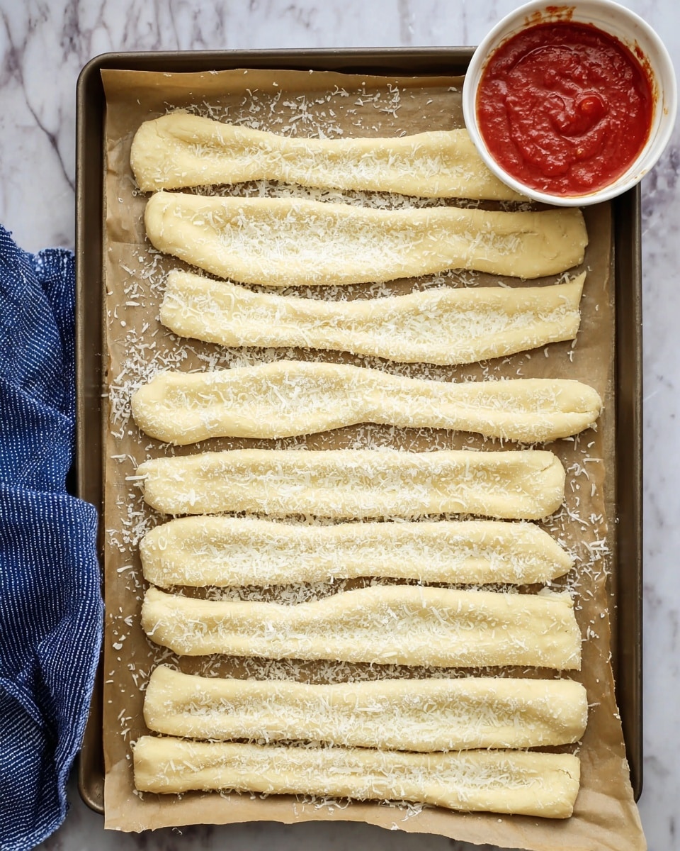 There are eight long, narrow strips of pale dough arranged in a single layer on brown parchment paper inside a baking tray. Each strip is evenly sprinkled with a light dusting of finely grated white cheese. The tray sits on a white marbled surface, with a small white bowl filled with red sauce and a blue textured cloth nearby. Photo taken with an iphone --ar 4:5 --v 7