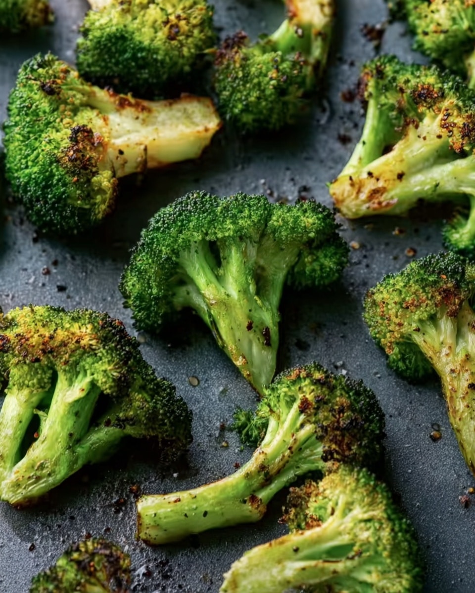 The image shows several pieces of roasted broccoli spread out on a dark gray baking tray. Each broccoli piece has a bright green color with some parts showing golden brown char marks, highlighting a crispy texture on the edges. The broccoli stems are a lighter green with a slight softness visible, contrasting with the rougher, more textured tops. The baking tray has small bits of burnt seasoning scattered around. The overall look is rustic and fresh, with the broccoli pieces arranged unevenly across the tray. Photo taken with an iphone --ar 4:5 --v 7