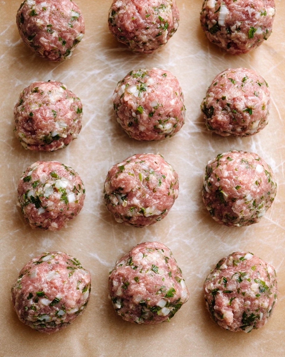 There are twelve raw meatballs placed in four neat rows on a sheet of parchment paper. Each meatball is made of ground meat mixed with finely chopped white onions and green herbs, giving them a speckled look with white and green bits inside the pinkish meat. The meatballs have a rough and slightly chunky texture, and the parchment paper underneath them has a light brown color. The background has a white marbled texture. Photo taken with an iphone --ar 4:5 --v 7