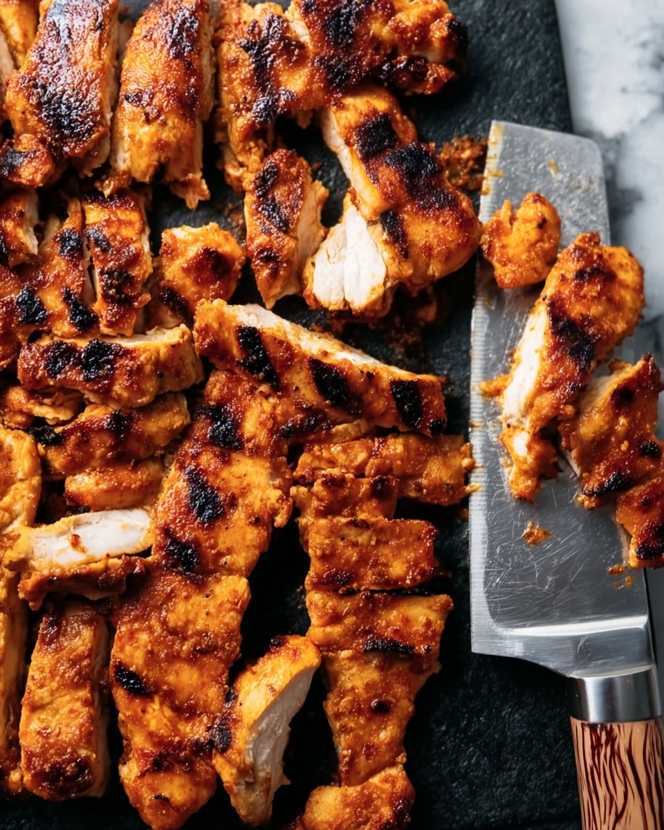 The image shows many slices of cooked chicken arranged closely on a dark black cutting board. The chicken pieces have a golden-orange color with charred edges and look crispy with a rough texture. A metal cleaver is placed on the right side with its blade partly under the chicken slices, showing a shiny surface and wooden patterns. The chicken's white inside is visible where it is cut. The background is a white marbled surface. photo taken with an iphone --ar 4:5 --v 7