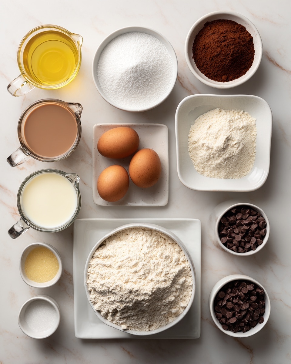 The image shows a neat arrangement of baking ingredients on a white marbled surface. There are three clear measuring cups holding light yellow vegetable oil, light brown chocolate milk, and white heavy cream from top to bottom on the left side. Next to them is a white bowl filled with fine white powdered sugar and another white bowl beneath it of granulated sugar. A larger white bowl at the bottom right contains light beige all-purpose flour with a small dip in the center. To the right of the powdered sugar is a white square plate with white baking soda and baking powder powders, followed by two brown eggs, a small white bowl of vanilla extract, and another small white bowl of mini chocolate chips. A small open can of creamy light beige sweetened condensed milk and a small bowl of brown cocoa powder complete the layout. The image is bright and clear with soft natural light. photo taken with an iphone --ar 4:5 --v 7