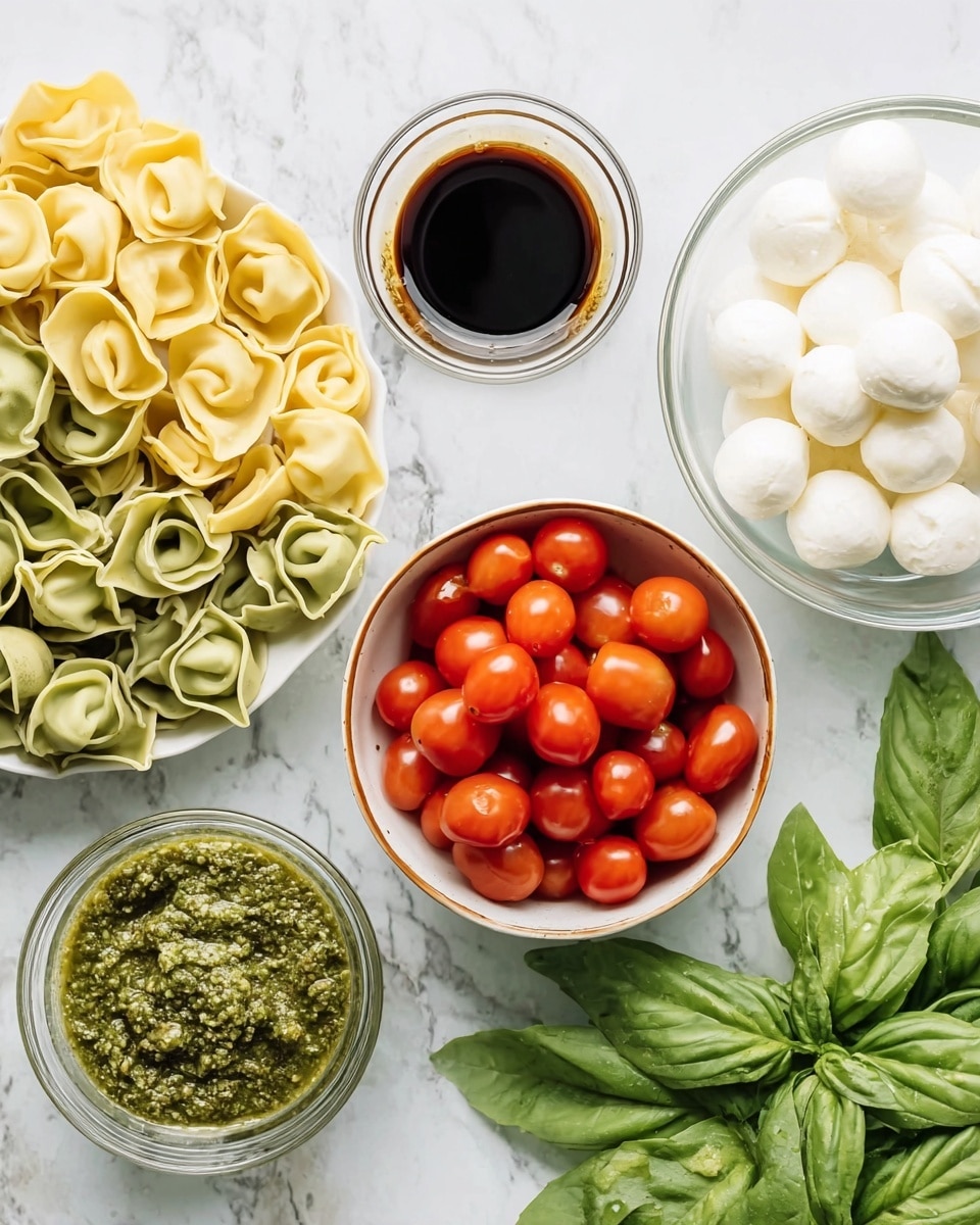 The image shows a white marbled surface with several ingredients arranged neatly. On the left are two layers of tortellini pasta, one layer light yellow and the other green, overlapping each other with a soft texture. On the upper middle left is a small clear bowl filled with dark brown soy sauce. Below it, in the center, is a white bowl with a thin brown rim, filled with white, soft mozzarella balls. To the right, a clear bowl holds bright red cherry tomatoes, shiny and fresh. Below the tomatoes, another clear bowl contains a green pesto sauce with a thick texture and a slight oily shine. In the bottom right corner, fresh green basil leaves rest on the white marbled surface, looking fresh and vibrant. Photo taken with an iphone --ar 4:5 --v 7