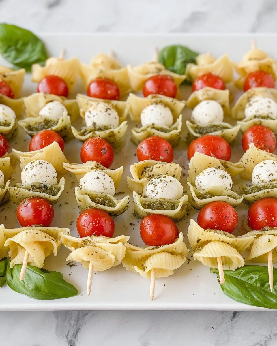 The image shows a white rectangular plate holding neat rows of skewers with three layers each. The bottom layer is a pale yellow pasta shell with a light seasoning speckled on it. The middle layer consists of a small, smooth white mozzarella ball. The top layer features a bright red cherry tomato, shiny and fresh. On top of the tomato is a folded green pasta shell, seasoned with herbs. The skewers are arranged evenly with a clean white marbled surface underneath, and fresh green basil leaves can be seen around the plate edges. photo taken with an iphone --ar 4:5 --v 7