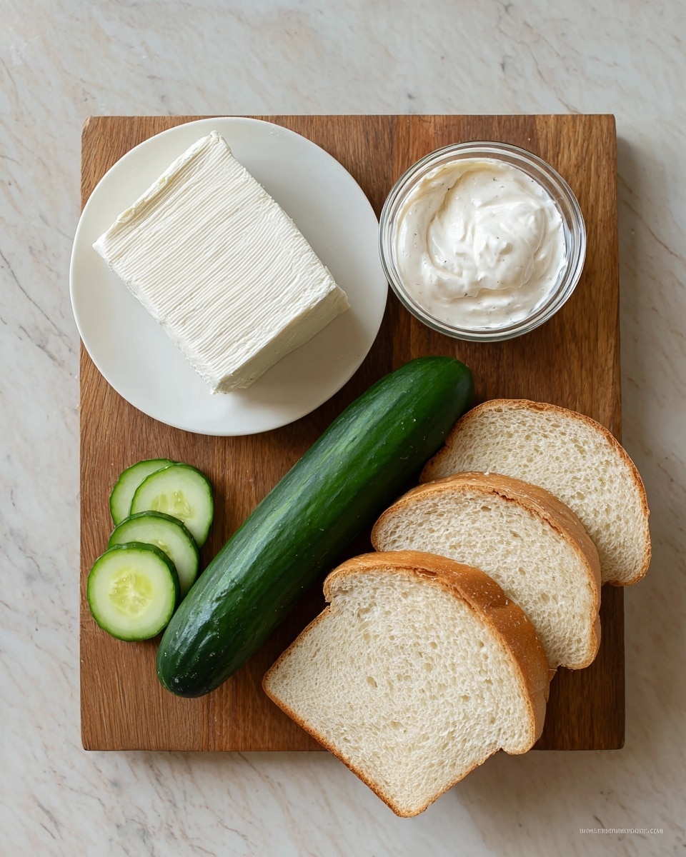 A wooden board holds simple fresh ingredients neatly laid out: on the left, a white plate with a rectangular block of soft white cheese, below it a small clear glass bowl filled with creamy white dressing, in the center a long cucumber with a shiny dark green peel and three thin cucumber slices placed below it, and on the right, five slices of white bread with light golden crusts, arranged in a slightly overlapping stack, all set on a white marbled surface. photo taken with an iphone --ar 4:5 --v 7