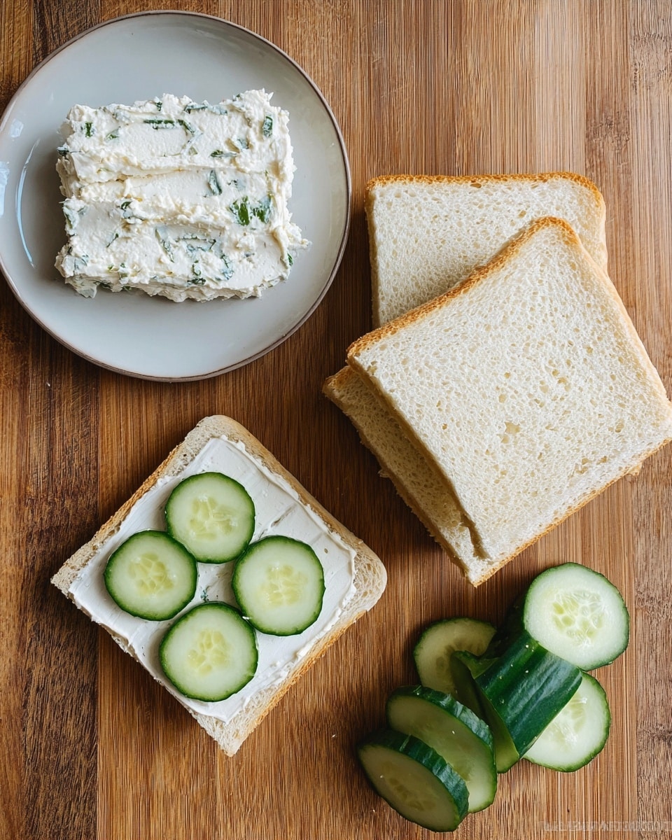 A white plate on the left holds a spread of white creamy cheese with green herbs mixed in, showing soft and smooth texture. To the right, three layers of white sandwich bread are stacked neatly, showing the soft and airy texture of the bread. Below, two slices of bread lay flat; one is spread evenly with creamy cheese, and the other is topped with four green cucumber slices arranged in a neat square. Next to these slices, multiple thin cucumber rounds and half of a whole cucumber rest on the wooden surface. The whole scene is set on a wooden table with visible grains. photo taken with an iphone --ar 4:5 --v 7
