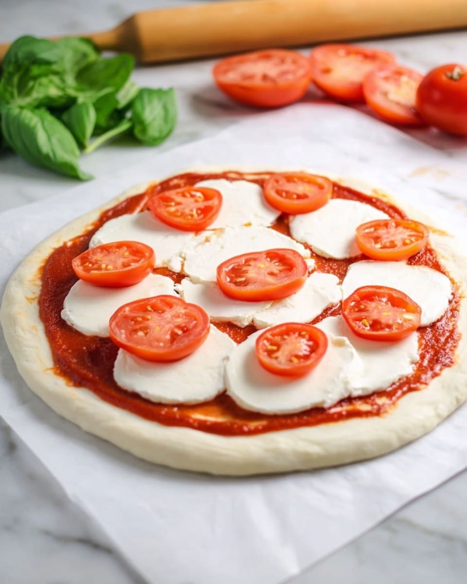 A round pizza dough base topped with a smooth layer of red tomato sauce spread evenly, followed by a layer of white mozzarella cheese slices arranged in a circle, and topped with bright red tomato slices scattered over the cheese. The pizza rests on white parchment paper on a white marbled surface, with some green basil leaves and additional tomato slices blurred in the background near a wooden rolling pin. photo taken with an iphone --ar 4:5 --v 7
