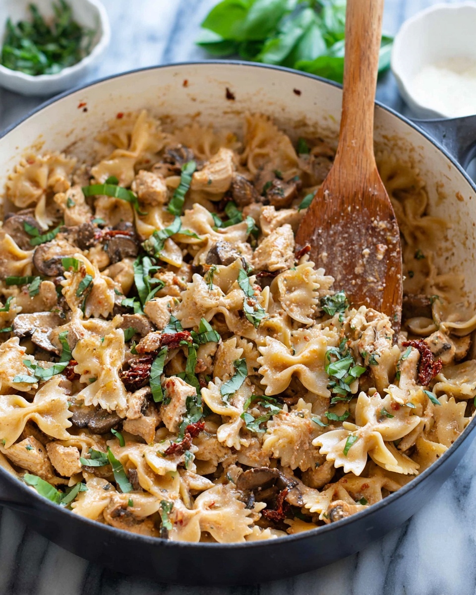 A large white pan filled with farfalle pasta mixed with small light brown pieces of cooked chicken and sliced brown mushrooms. The pasta is coated in a light brown creamy sauce with visible herbs and bits of sun-dried tomatoes giving dark red spots. Fresh bright green chopped basil is sprinkled on top. A wooden spatula, covered partly in the sauce, rests inside the pan on the right side. The pan is placed on a white marbled surface and blurred green basil leaves and a small white bowl can be seen in the background. Photo taken with an iphone --ar 4:5 --v 7