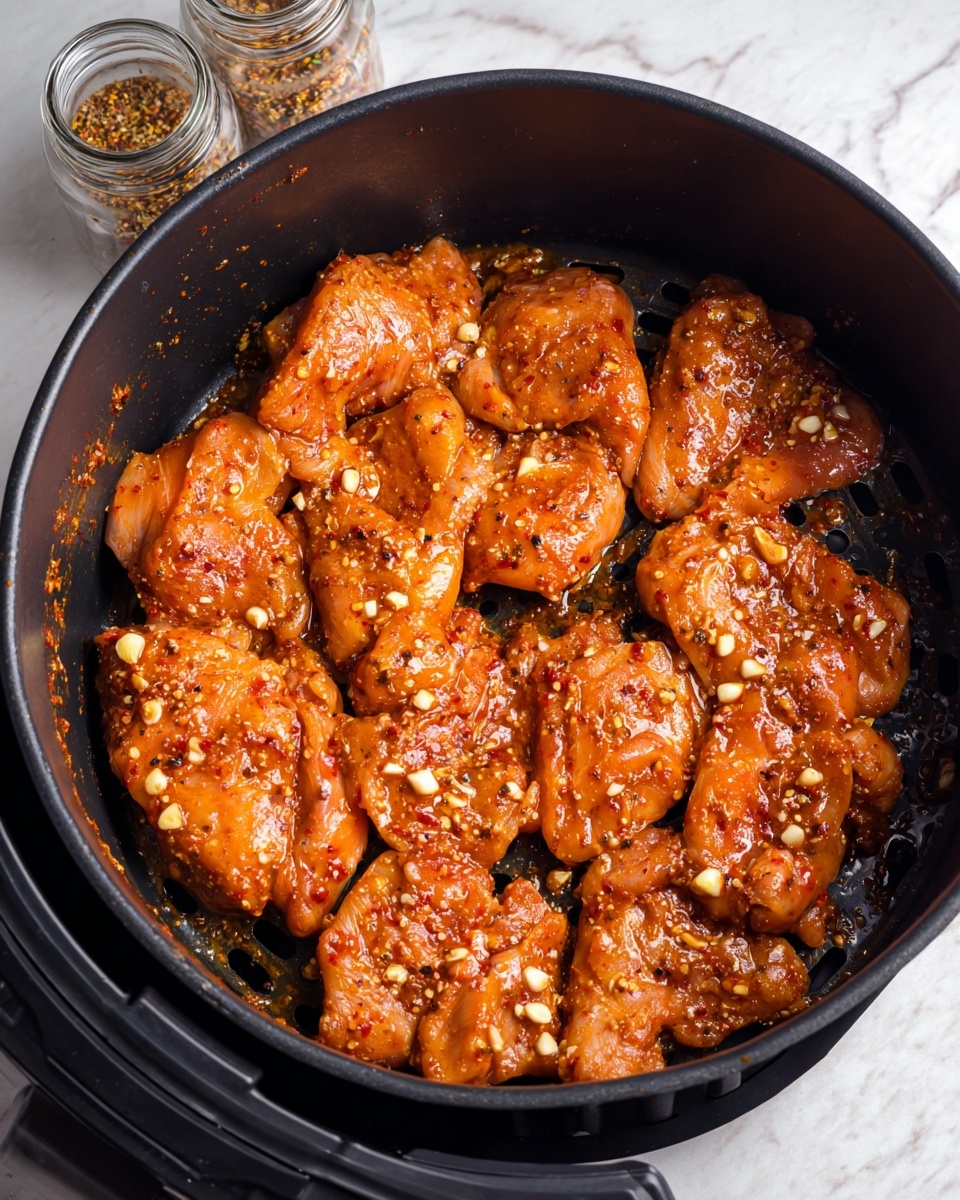 Raw chicken pieces are arranged in a black air fryer basket on a white marbled surface. The chicken is fully coated in a reddish-orange marinade with visible small white garlic pieces and black pepper specks. The texture of the marinade looks thick and slightly glossy, evenly covering the chicken in a single layer that fills the bottom of the basket. Two glass spice jars are placed nearby on the white marbled surface. photo taken with an iphone --ar 4:5 --v 7