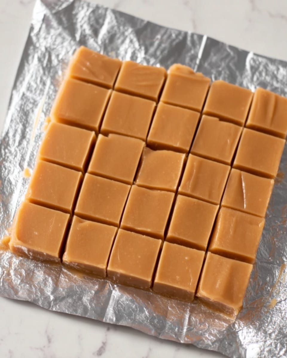 The image shows a sheet of soft caramel-colored fudge with a smooth surface and marked into 20 even square pieces, arranged in a 4 by 5 grid. The fudge sits on a sheet of shiny silver foil, which is slightly crinkled and spread out on a white marbled surface. The edges of the fudge are clean but not perfectly straight, giving it a homemade look. There are no additional layers or toppings visible. photo taken with an iphone --ar 4:5 --v 7