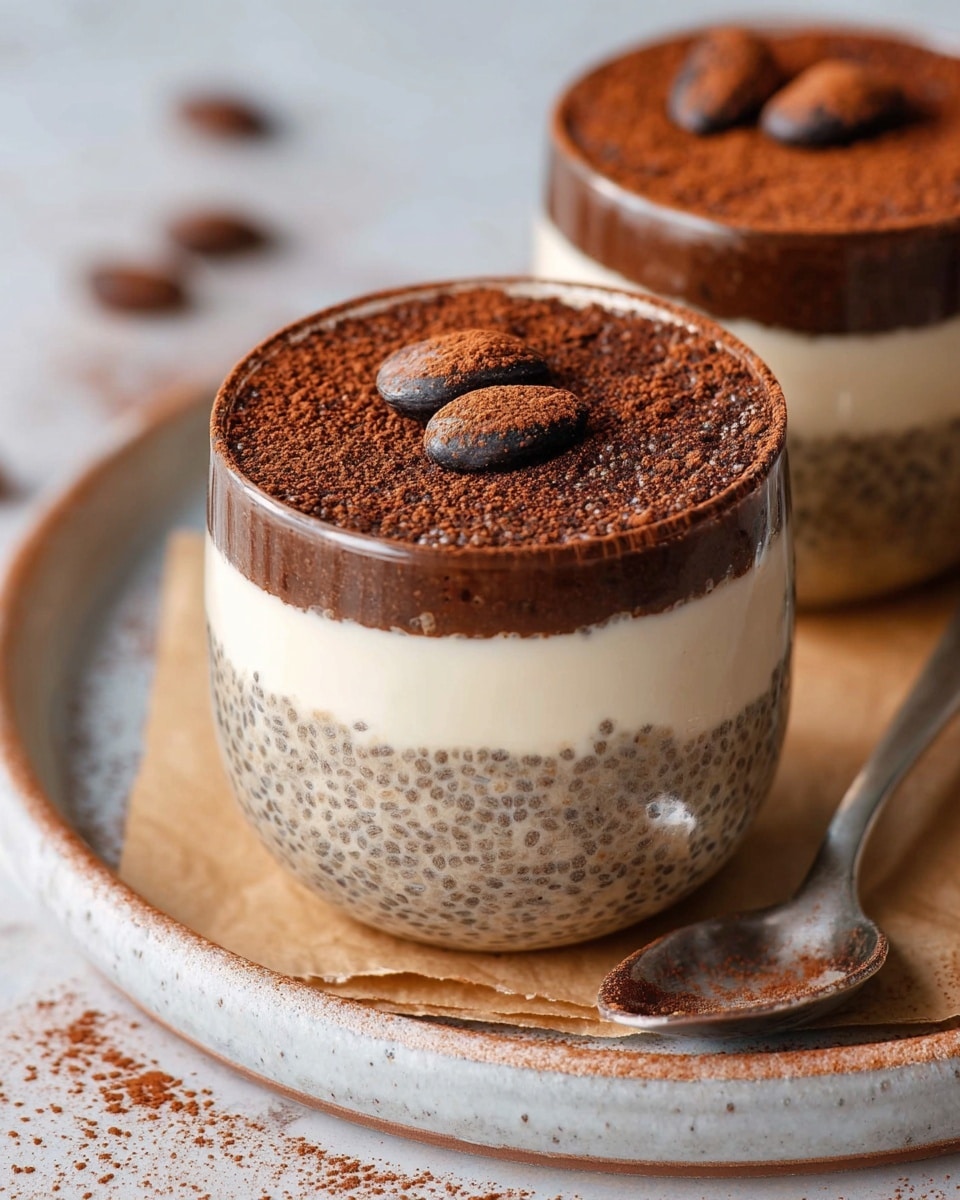 A clear glass cup shows a dessert with three visible layers: a bottom layer of light brown pudding with small dark specks, a middle layer of smooth white cream, and a top layer of dark brown, slightly textured chocolate. The top is dusted with cocoa powder around the edge and sprinkled more in the center, with three coffee beans lightly covered in cocoa powder placed on top. The cup sits on a round wooden coaster on a white marbled surface, with some cocoa powder scattered nearby. Photo taken with an iphone --ar 4:5 --v 7