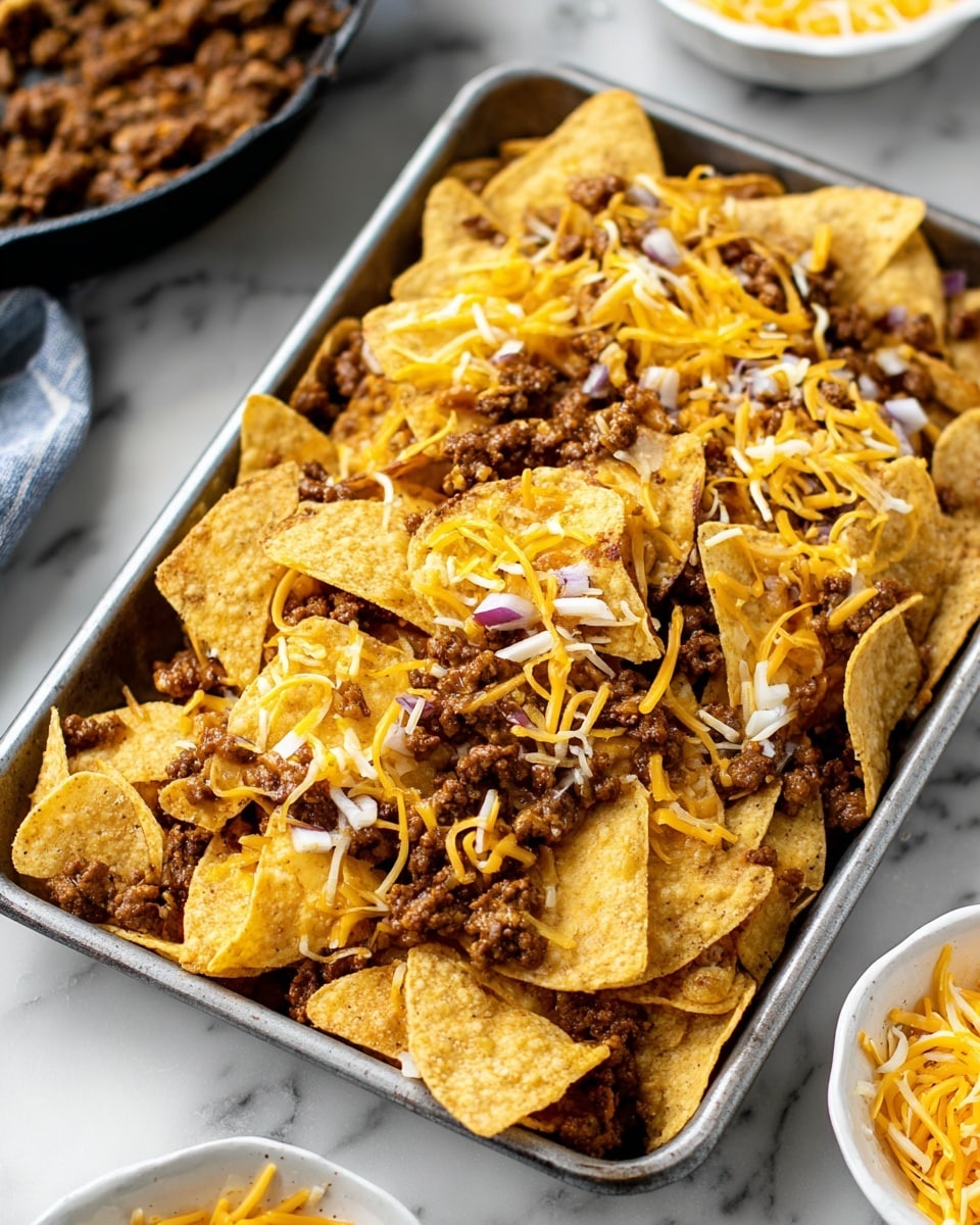 A close-up of a metal tray filled with crispy, golden tortilla chips layered with small brown crumbles of cooked meat and scattered with shredded yellow and white cheese strips, all resting on a white marbled surface. The chips are uneven and slightly curled, with some pieces overlapping. In the background, part of a white bowl with more shredded cheese and a skillet with cooked meat are visible on the white marbled surface. photo taken with an iphone --ar 4:5 --v 7