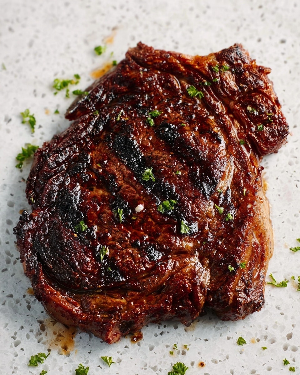 A thick piece of cooked steak with a rich dark brown color and charred black grill marks sits alone on a white marbled surface. The steak looks juicy and has a shiny glaze from the cooking juices, with small green parsley bits scattered sparsely around it. The texture shows a mix of tender and crispy areas from the grill heat. There are no other items or plates in the image. photo taken with an iphone --ar 4:5 --v 7