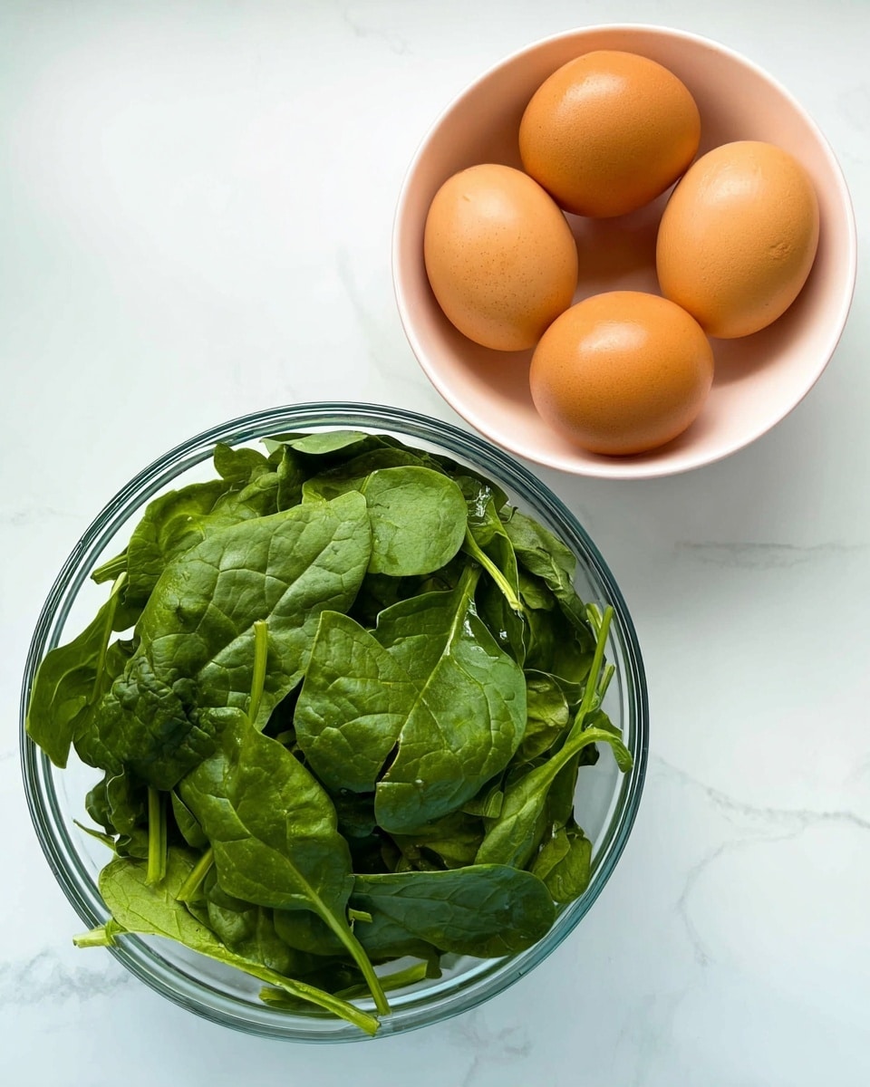 A clear glass bowl on the left is filled to the top with fresh, bright green spinach leaves showing natural texture and veins. On the right, a white bowl holds four smooth, brown eggs arranged closely together. Both bowls sit on a white marbled surface, creating a clean and bright setting. photo taken with an iphone --ar 4:5 --v 7