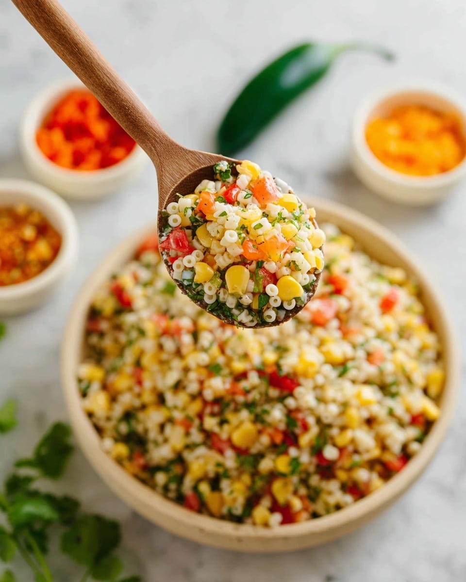 A wooden spoon holds a colorful mix of small round pasta beads, yellow corn kernels, small red pepper cubes, and green herb bits, showing one close-up scoop. Below the spoon, a wide round beige bowl is filled with the same mixed salad, showing the same colors: white pasta beads, yellow corn, red pepper, and green herbs, all finely chopped and mixed well. In the background, a green chili pepper lies on a white marbled surface, and two white bowls with orange and yellow contents sit out of focus on each side. The scene has a clean, fresh look with a white marbled surface beneath. Photo taken with an iphone --ar 4:5 --v 7